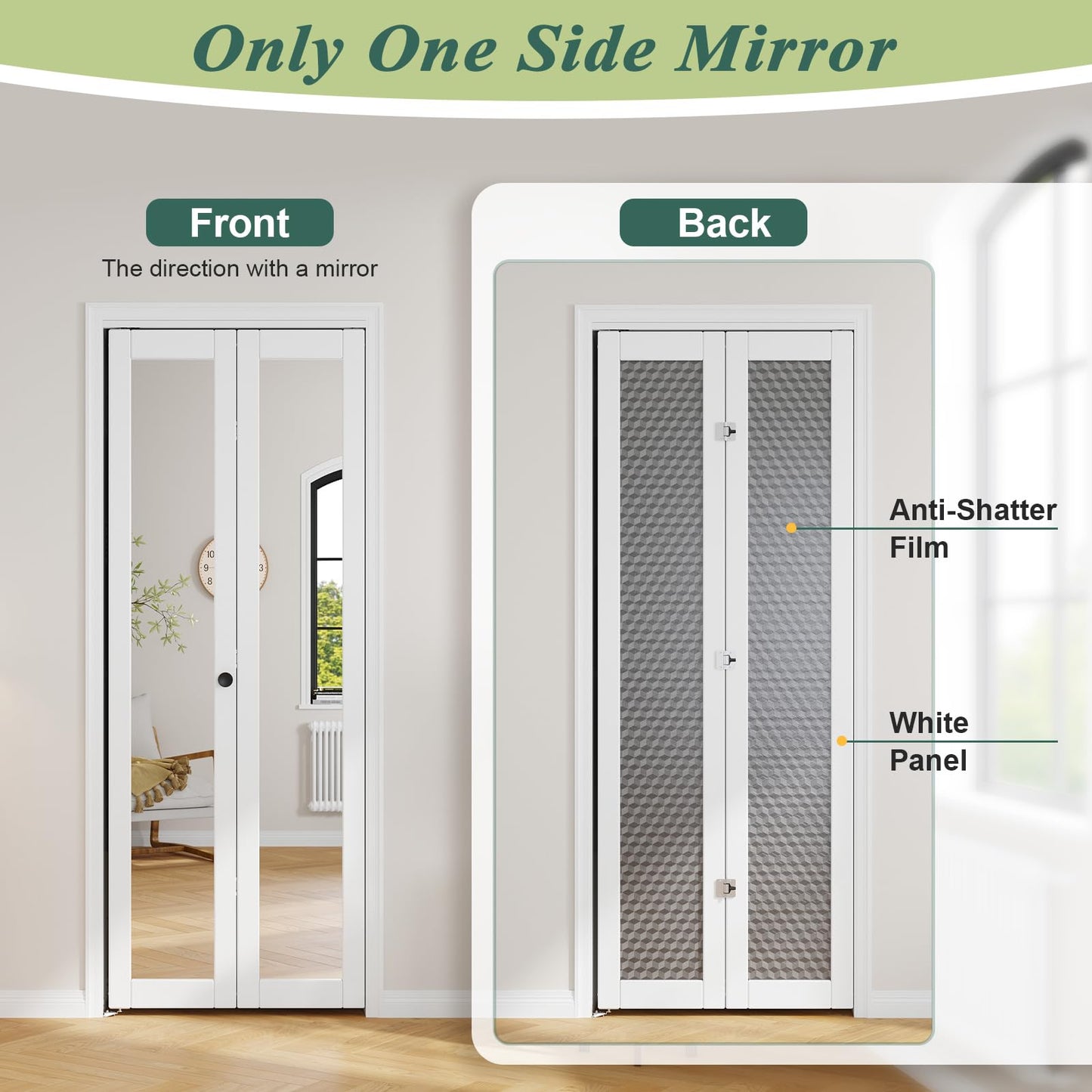 FREDBECK Bifold Door for 30x80 Opening (Double 15x80) with 1 Lites Mirror ,Interior Bi fold Barn Doors and Concealed Hardware Kit Included, PVC Surface, White,for Closet,Pantry,Kicthen