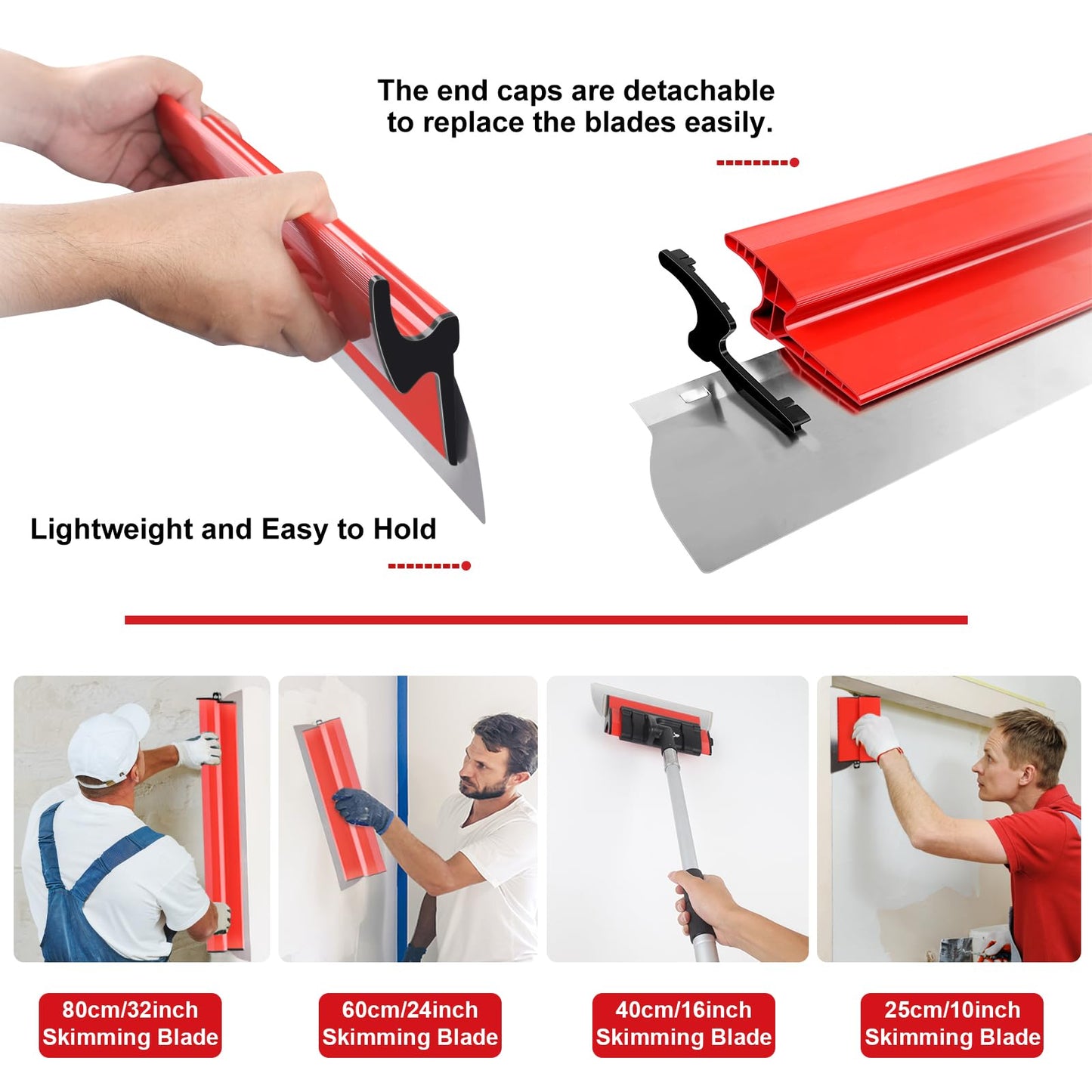 suokoun Drywall Skimming Blade Set with Case, 10/16/24/32inch Stainless Steel Skimming Blades, 7/9inch Compound Rollers, 28"-62" Extension Handle, Putty Knives Arc Scraper for Wallboard