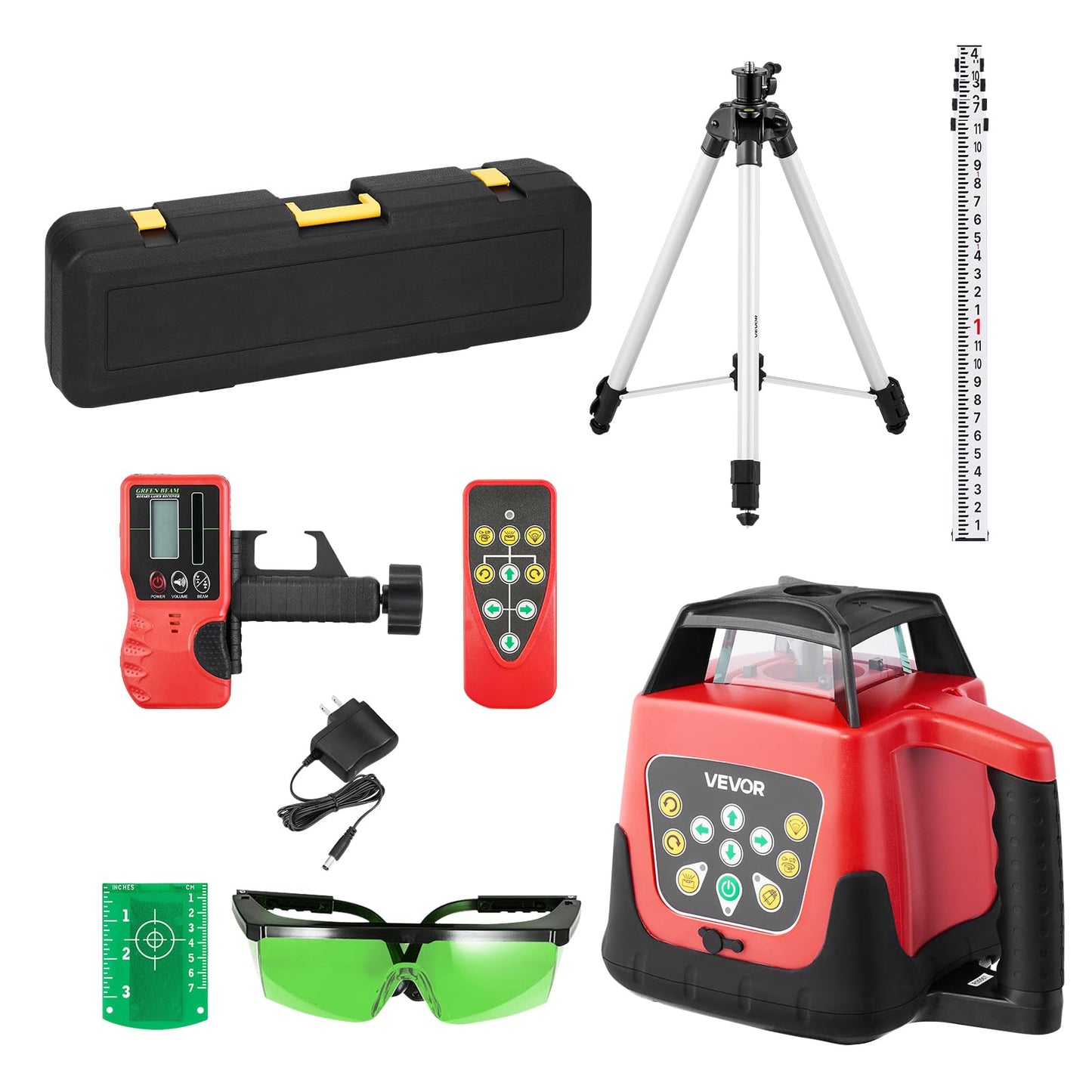 VEVOR Rotary Laser Level Kit, 2000ft 360-Degree Self Leveling Green Horizontal Laser Transit,with Tripod,Receiver,Remote Control, Scale, Toolcase, IP66 Rating Waterproof, 0.80in/100ft for Construction