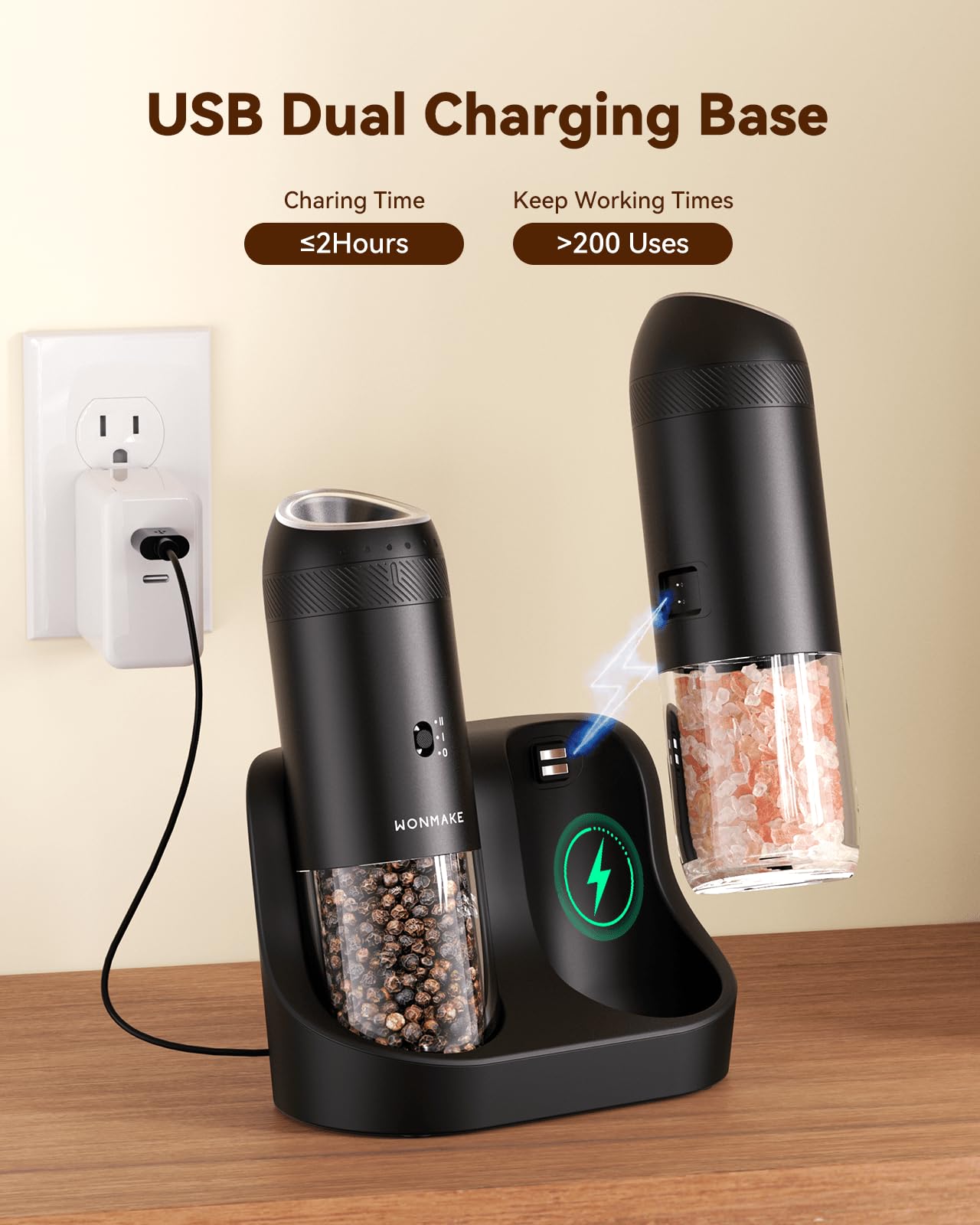 WONMAKE Gravity Electric Salt and Pepper Grinder Set with Charging Base, Automatic Salt and Pepper Mill, 6-Level Adjustable Coarseness, Dual Speed, and Large 5.95oz Capacity