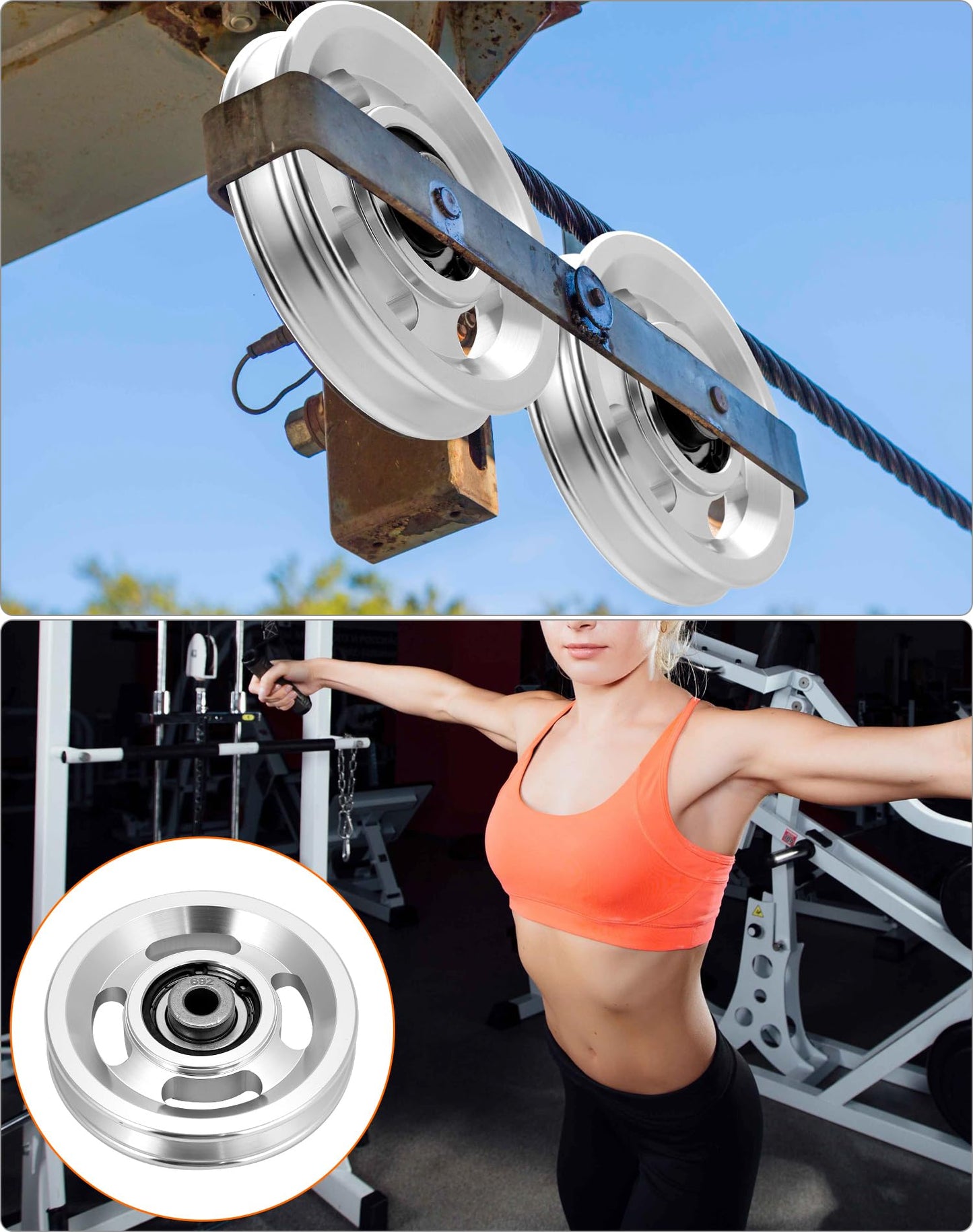 QWORK Universal Aluminium Alloy Bearing Pulley Wheel for Sports Fitness Equipment, 95mm Size, High Load Capacity 660 lbs, 2 Pieces