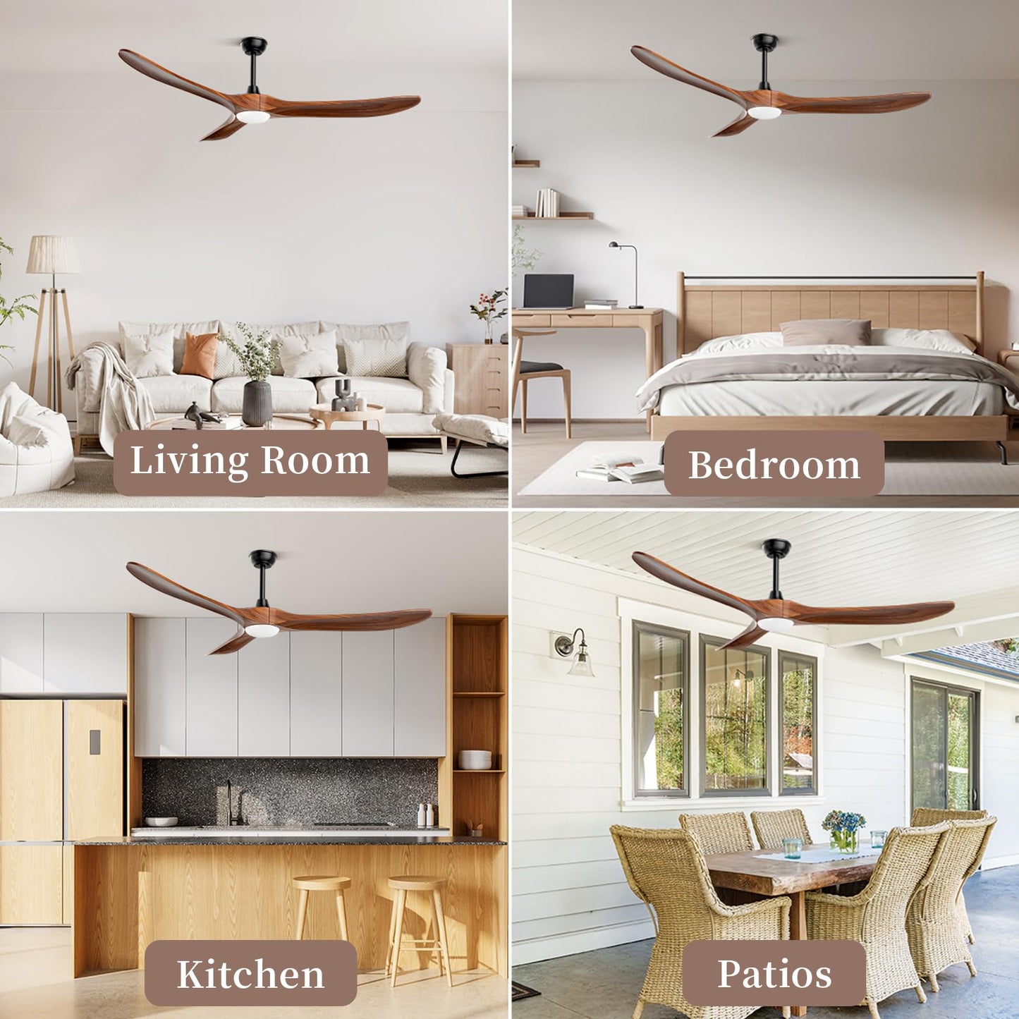 Obabala 70" Outdoor Ceiling Fan with Light and Remote, Solid Wood 3-Blade Ceiling Fan with DC Motor for Patio and Farmhouse, Dark Walnut
