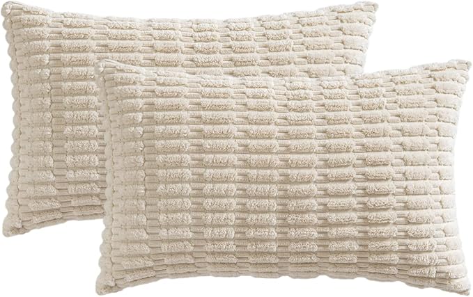MIULEE Pack of 2 Corduroy Decorative Lumbar Throw Pillow Covers 22x14 Inch Soft Boho Striped Pillow Covers Modern Farmhouse Home Decor for Sofa Living Room Couch Bed Cream White