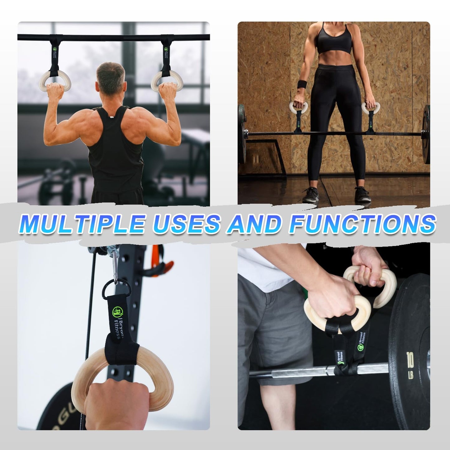J Bryant Fitness Wooden Gymnastic Rings - Pull Up Grips & LAT Pull Down Gym Handles Design, Sturdy Webbing Straps with D-Rings, Pilates, Strength Training, and Portable Fitness - Includes Carry Bag
