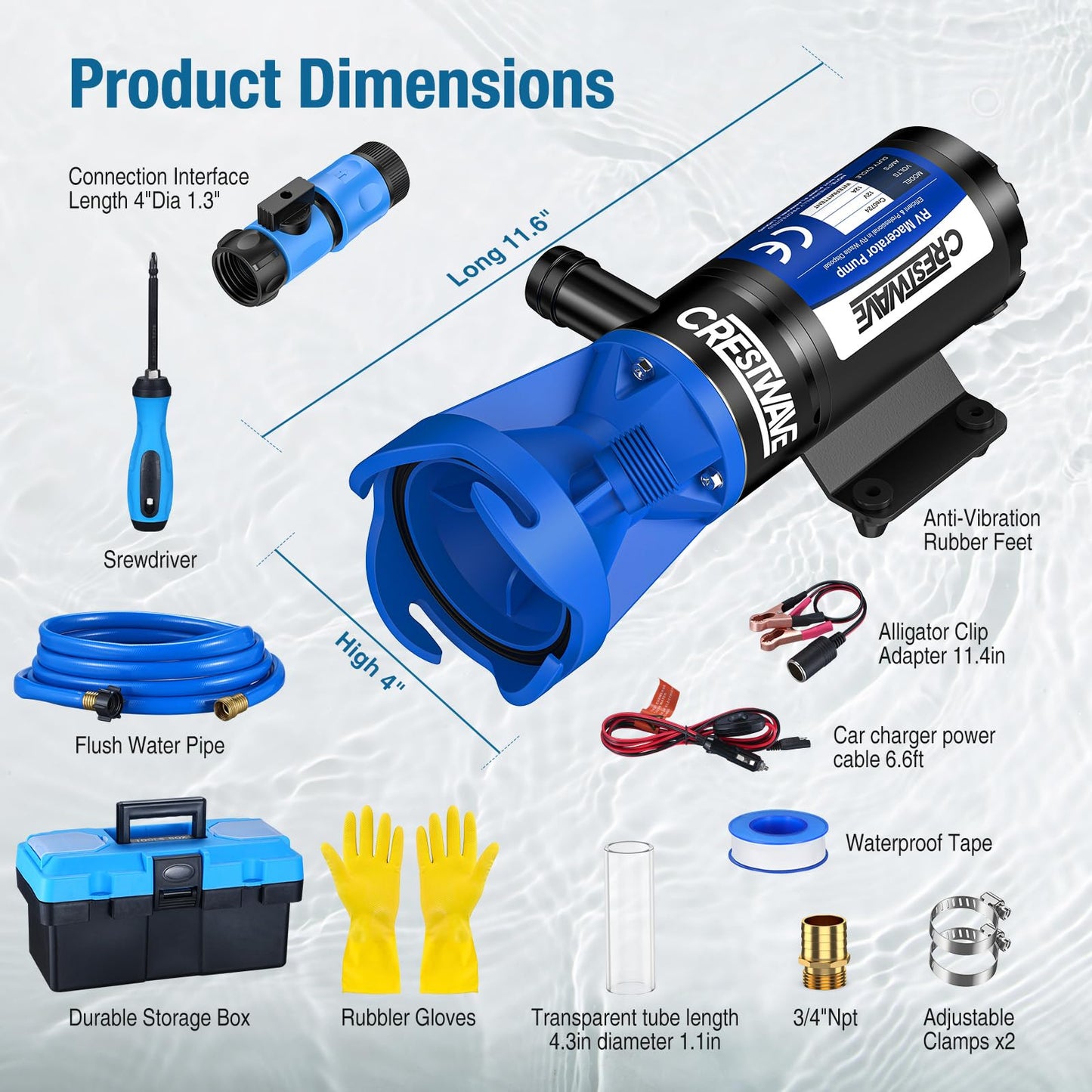 CrestWave RV Macerator Pump - Fast 4-Minute Emptying for RV & Boat Tanks | 12GPM, 10FT Lift | 12V 144W Copper Motor, SK5 Blades, Full Protection Kit | Hose Included