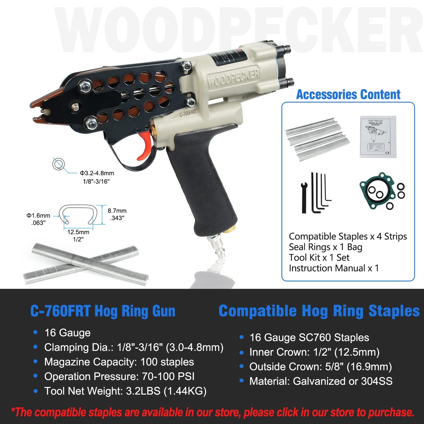 WOODPECKER C-760FRT 16 Gauge 1/2-Inch Air Hog Ring Gun with Variable Speed Control, 3.0 mm to 4.8 mm Closure Diameter, Pneumatic Hog Ring Plier Tool for Fencing, Cages, Fastening