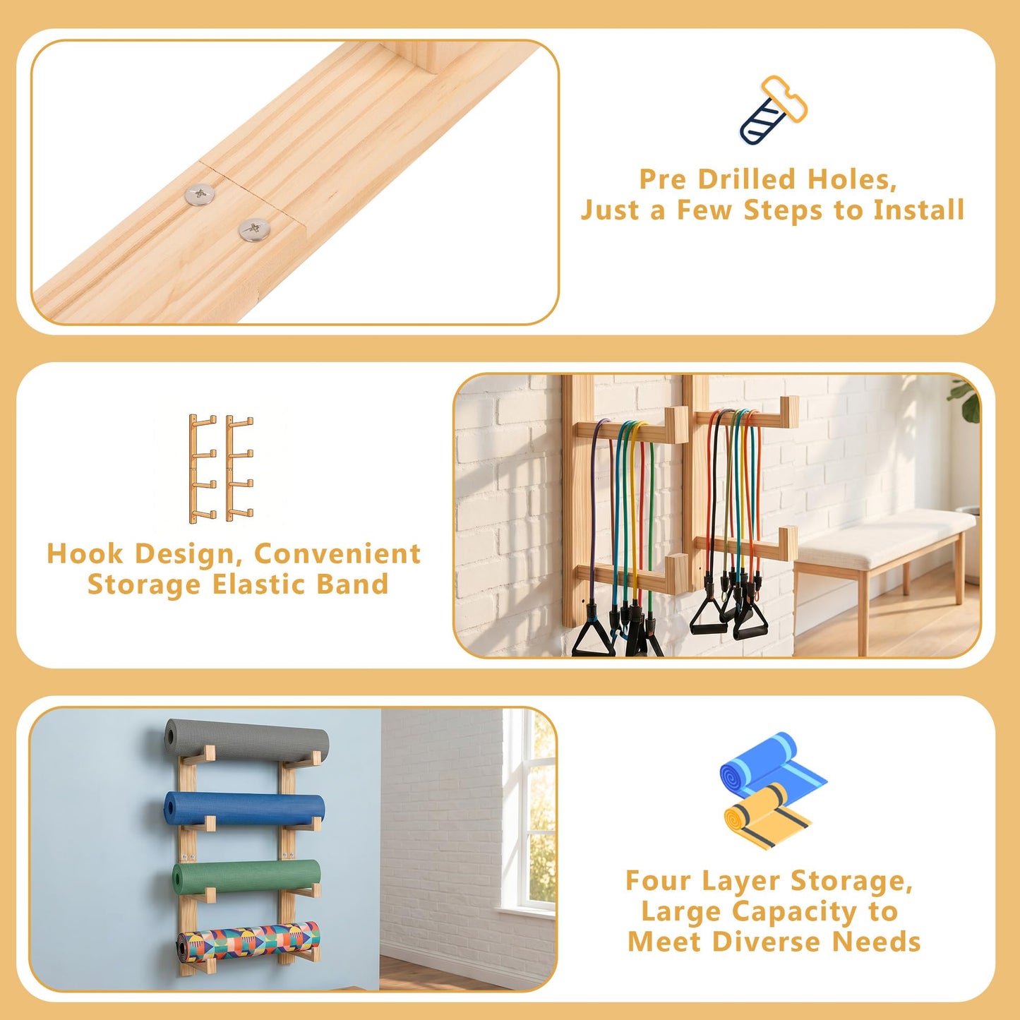 4-Tier Wooden Yoga Mat Holder Wall Mount, Yoga Mat Rack for Home Gym Organization, Wall Storage Hanger for Foam Roller and Fitness Accessories