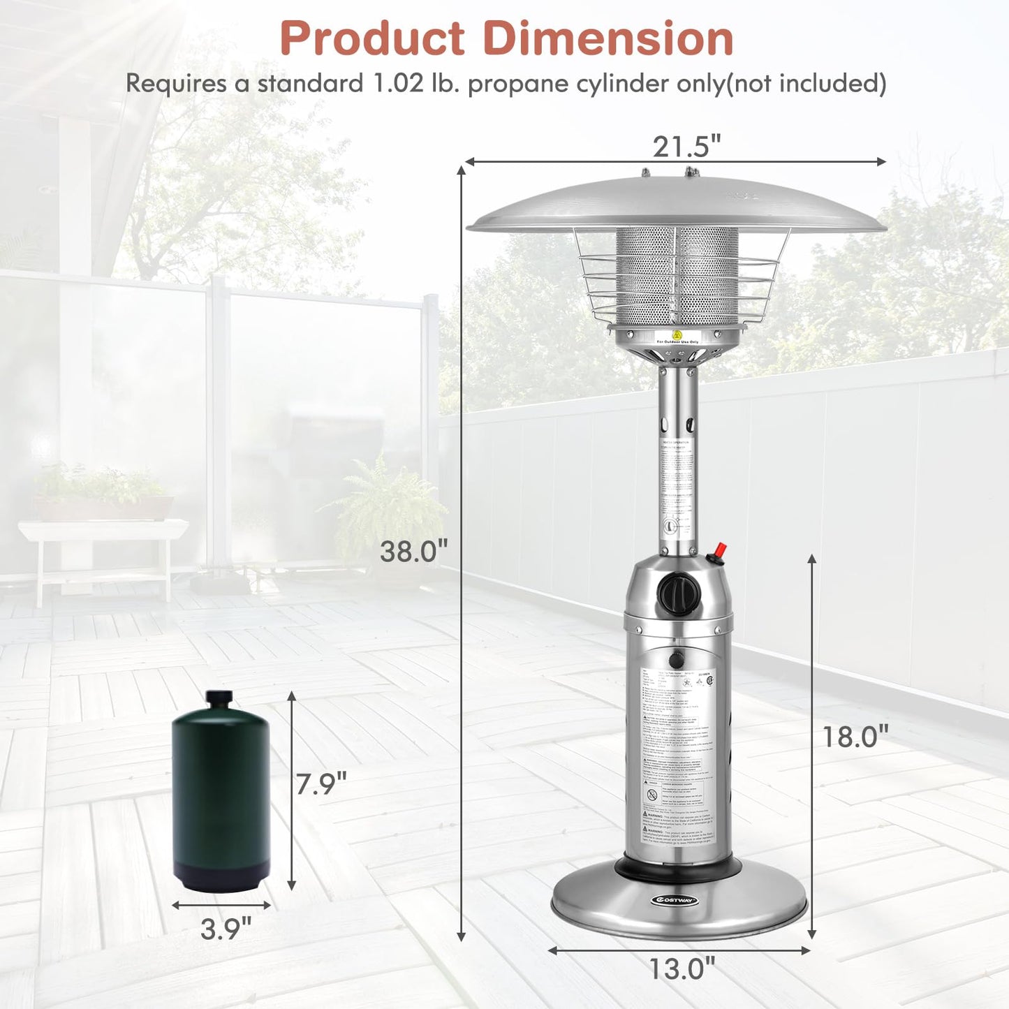 Giantex Outdoor Propane Patio Heater, 11,000 BTU Portable Tabletop Heater w/Weighted Base, Stainless Steel, Adjustable Thermostat, Electric Heater for Backyard, Garden, Commercial Restaurant, Silver