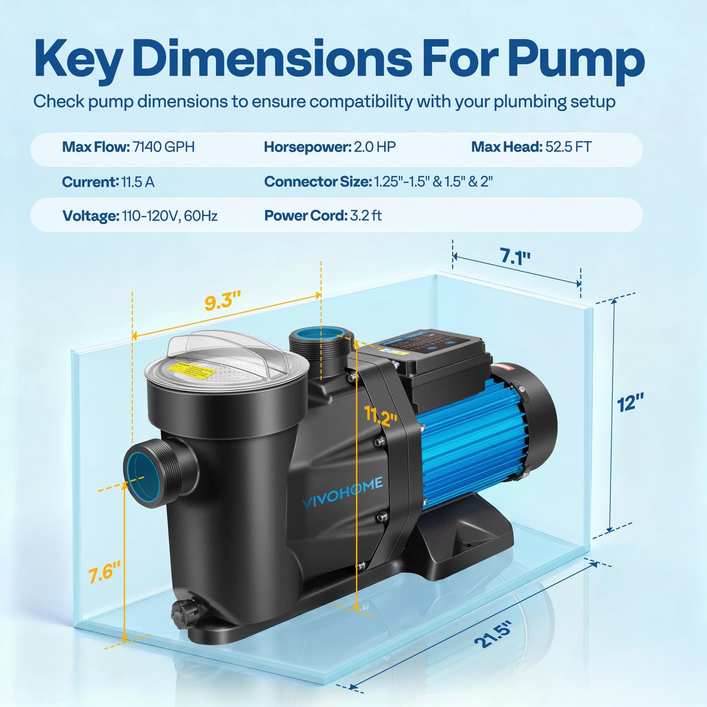 VIVOHOME Self Primming in/Above Ground Swimming Pool Pump w 1.25'' & 1.5" & 2.0'' Unions Energy Saving w/Strainer Baske, 7140 GPH