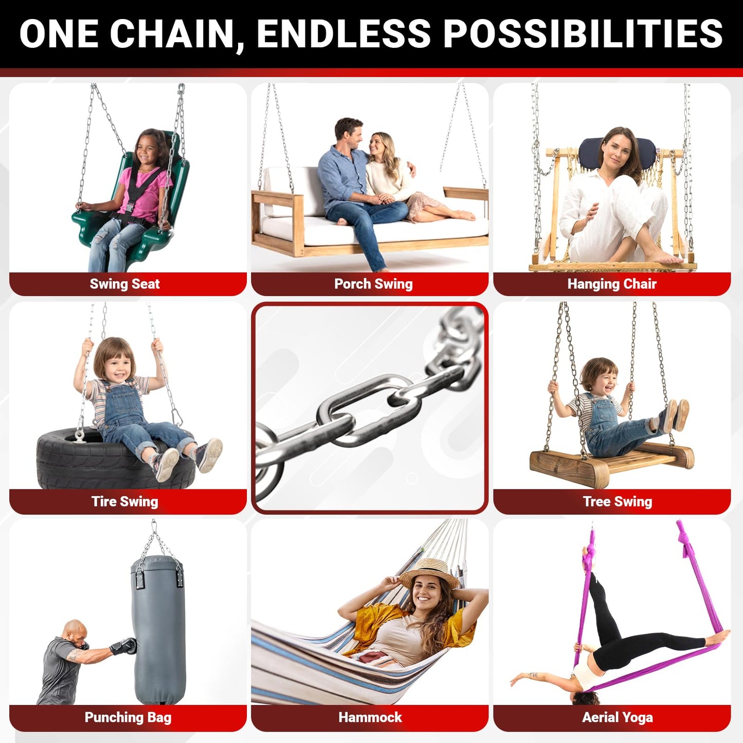 sprookber 1000LB Heavy Duty Hanging Swing Chain, 6mm Thick 304 Stainless Steel Hanging Chain with 2 Carabiners, 25" Hardware Kit for Hammock, Hanging Chair, Punching Bags, Tree, Indoor & Outdoor
