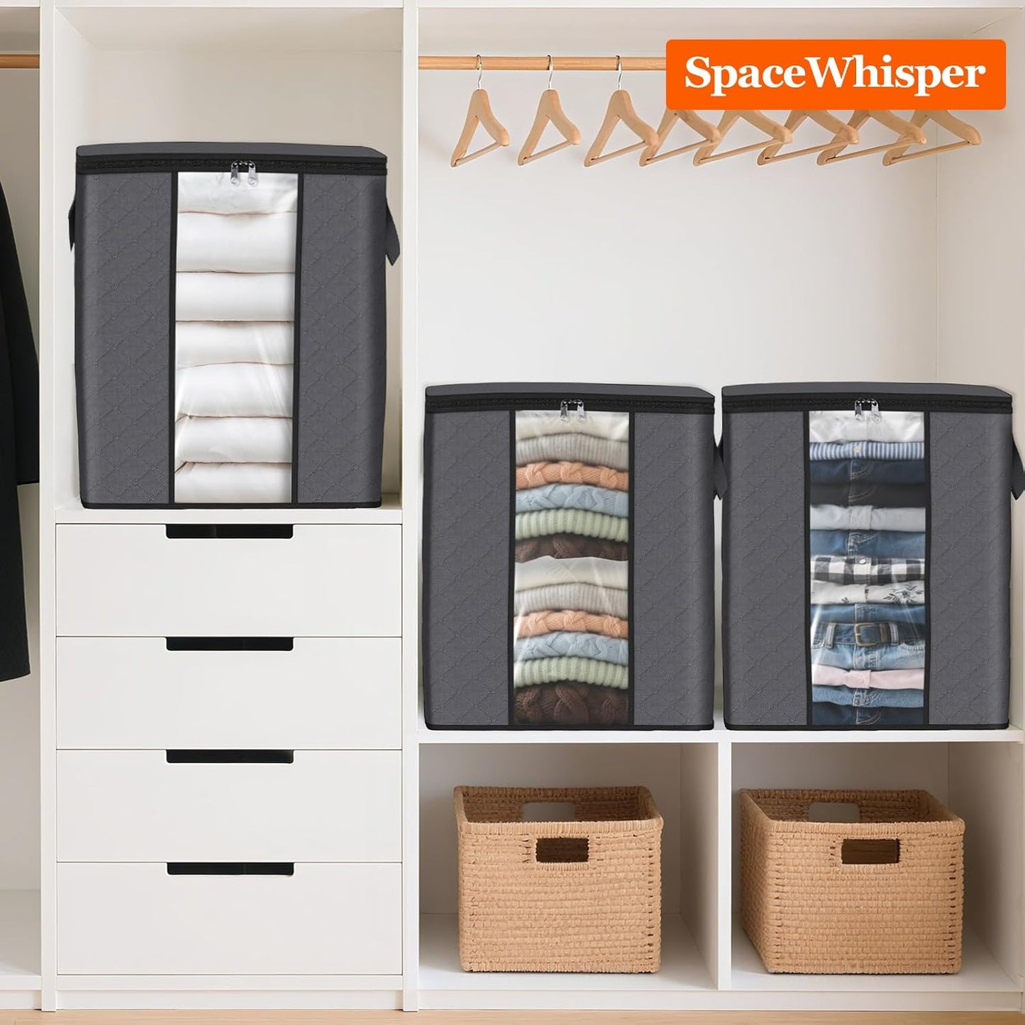 SpaceWhisper 100L Clothes Storage Bags - Foldable Thick Fabric Organizers for Bedroom & Closet | Grey 3-Pack