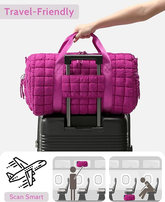 Quilted Duffel Bag for Women, Puffer Gym Duffle Bag with Shoe Compartment Lightweight Large Crossbody Sport Bag Travel Tote Fuchsia