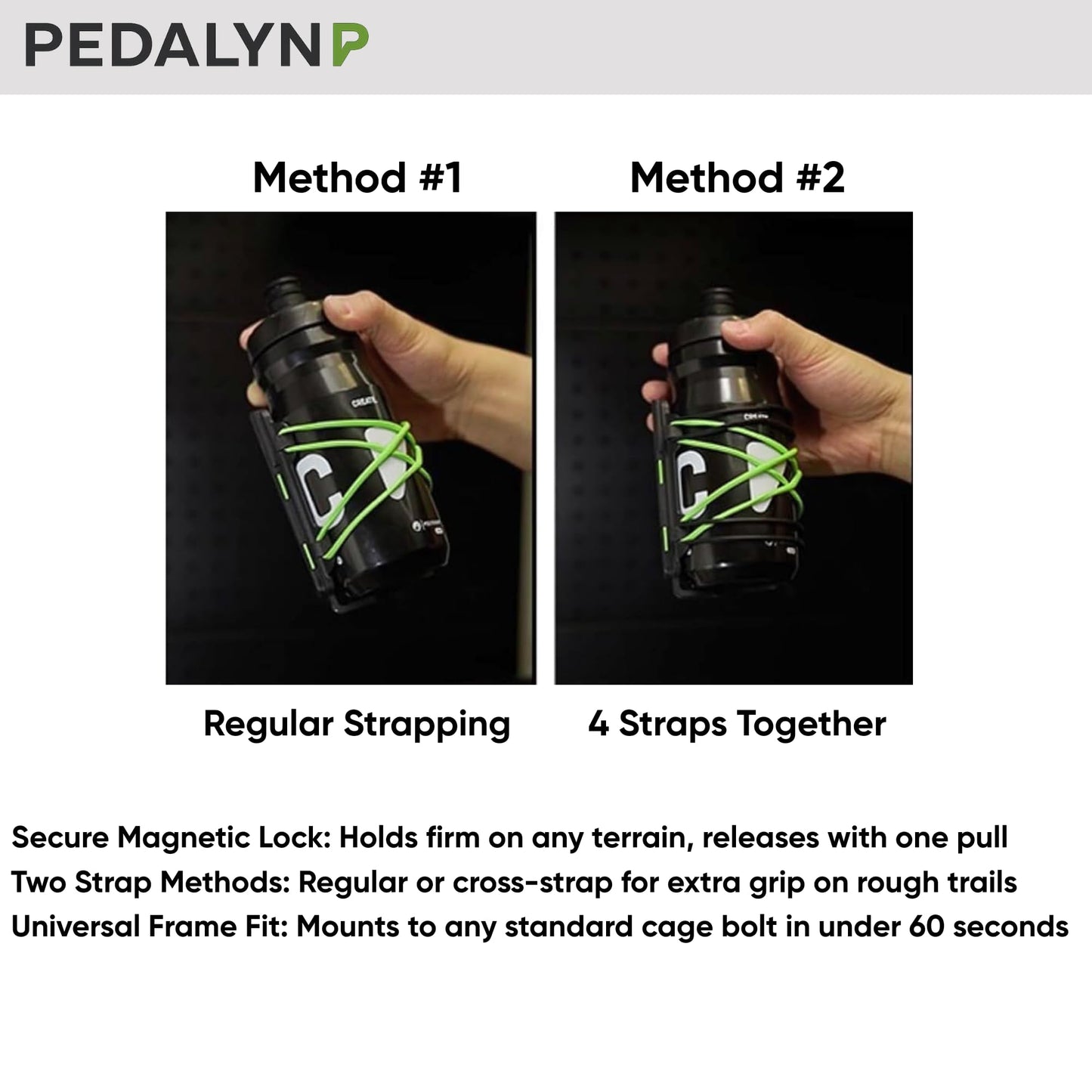 Pedalyn Magnetic Bike Bottle Cage – Quick-Release Buckle Lock, Adjustable Straps, Fits Road Mountain & E-Bikes, Universal 2.25-3.94" Bottle Compatibility, Black