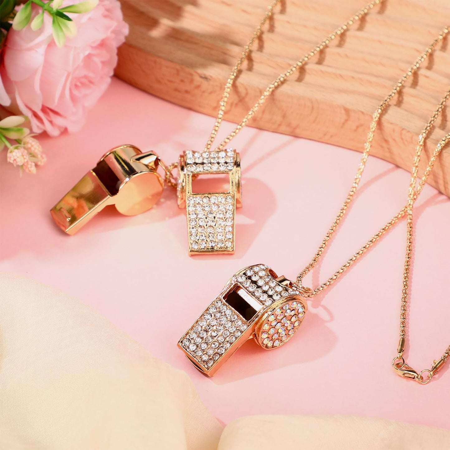 WinnerWhy 2 Pack Whistle Bling Metal Coach Teacher Whistle with Lanyard, Glitter Rhinestone Necklace Coach Accessories for Adult Referee Appreciation Gift Sport Training(Gold)