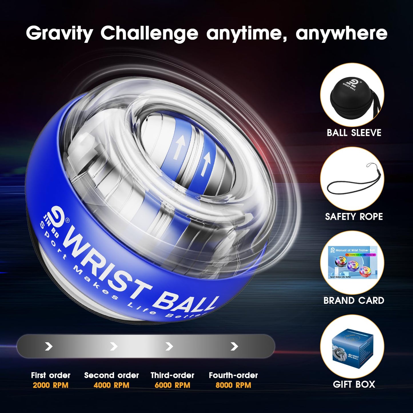 JIN BD Wrist Ball Auto-Start Gyro Ball – Desk Toy & Wrist Trainer for Gamers & Office Workers No Light Blue (Relieves Fatigue & Carpal Tunnel Syndrome)