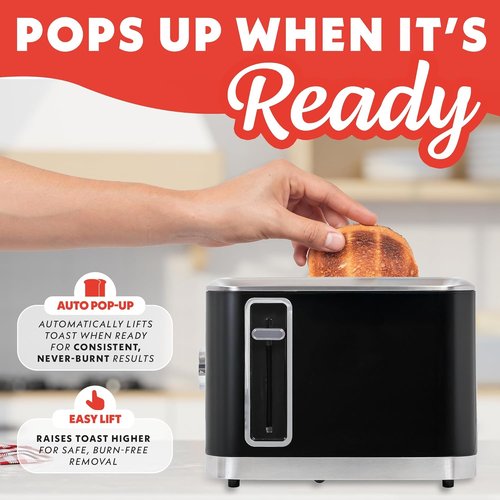 Gourmia 2 Slice Toaster - 6 Browning Levels, Bagel & Defrost Modes, Compact Design, Black