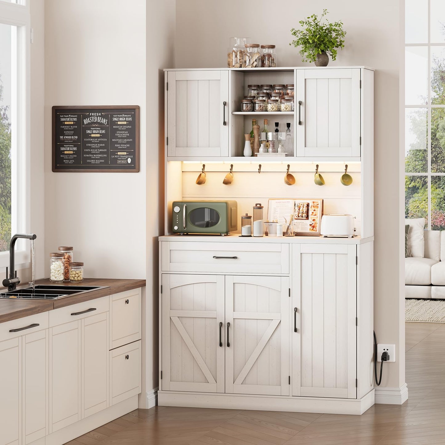 Tall Pantry Cabinet with Charging Station, Kitchen Pantry Storage Cabinet with LED Light & Microwave Stand, Kitchen Hutch with Storage Drawer & Door Shelf for Living Room, Dining Room, Off White