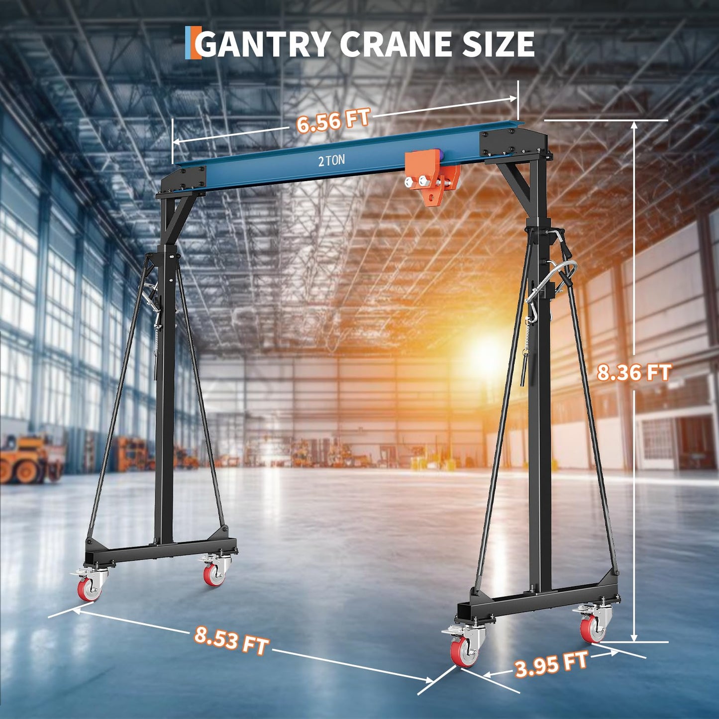 4400 LBS Gantry Crane with Manual Trolley, 2 Ton Gantry Crane with 8-12 FT Adjustable Height, Shop Crane Lift Hoist with Hooks & Shackles for Warehouse, Factory