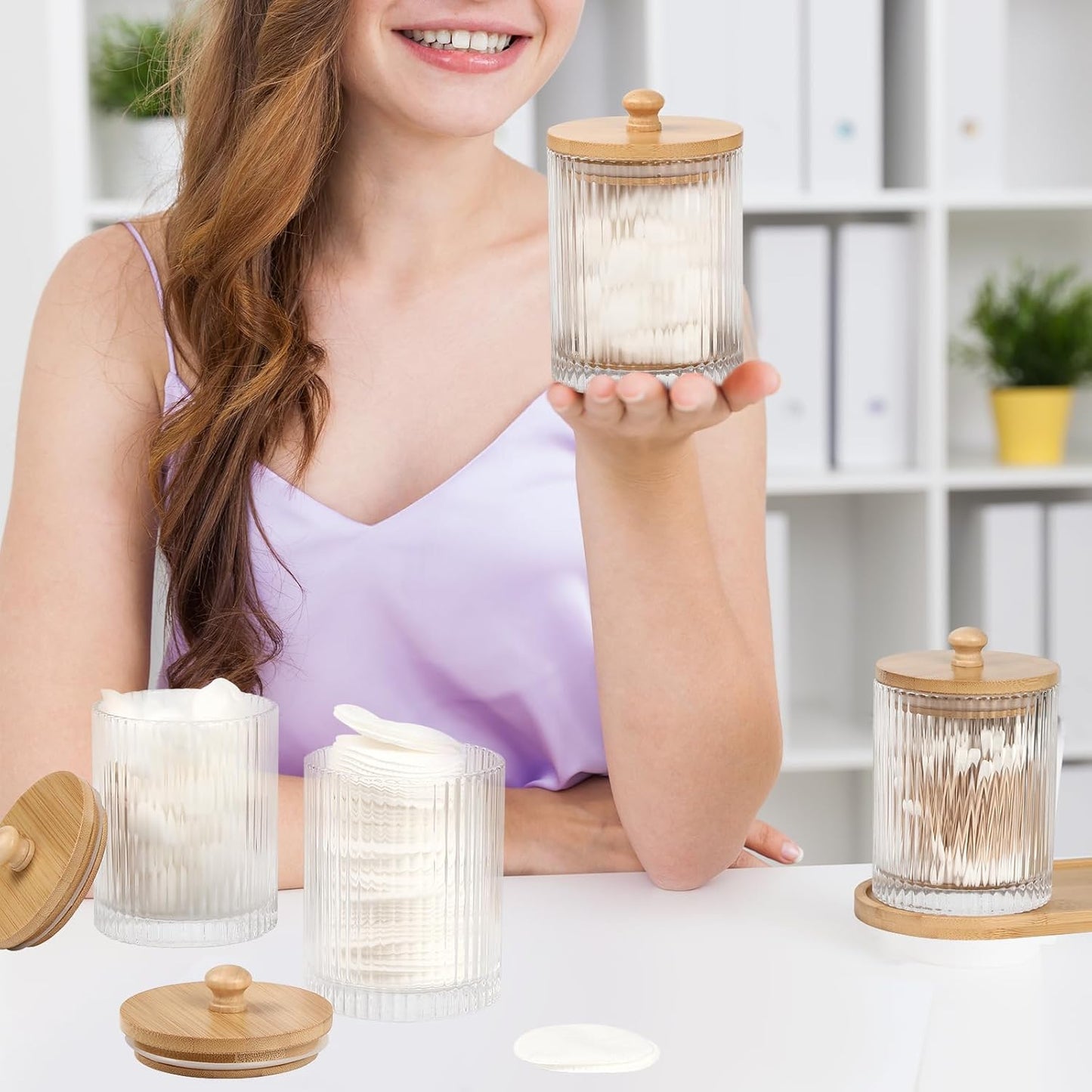 Skiennix 3-Pack Qtip Holder - Stylish Bathroom Organizers with Tray for Cotton Swabs & Balls