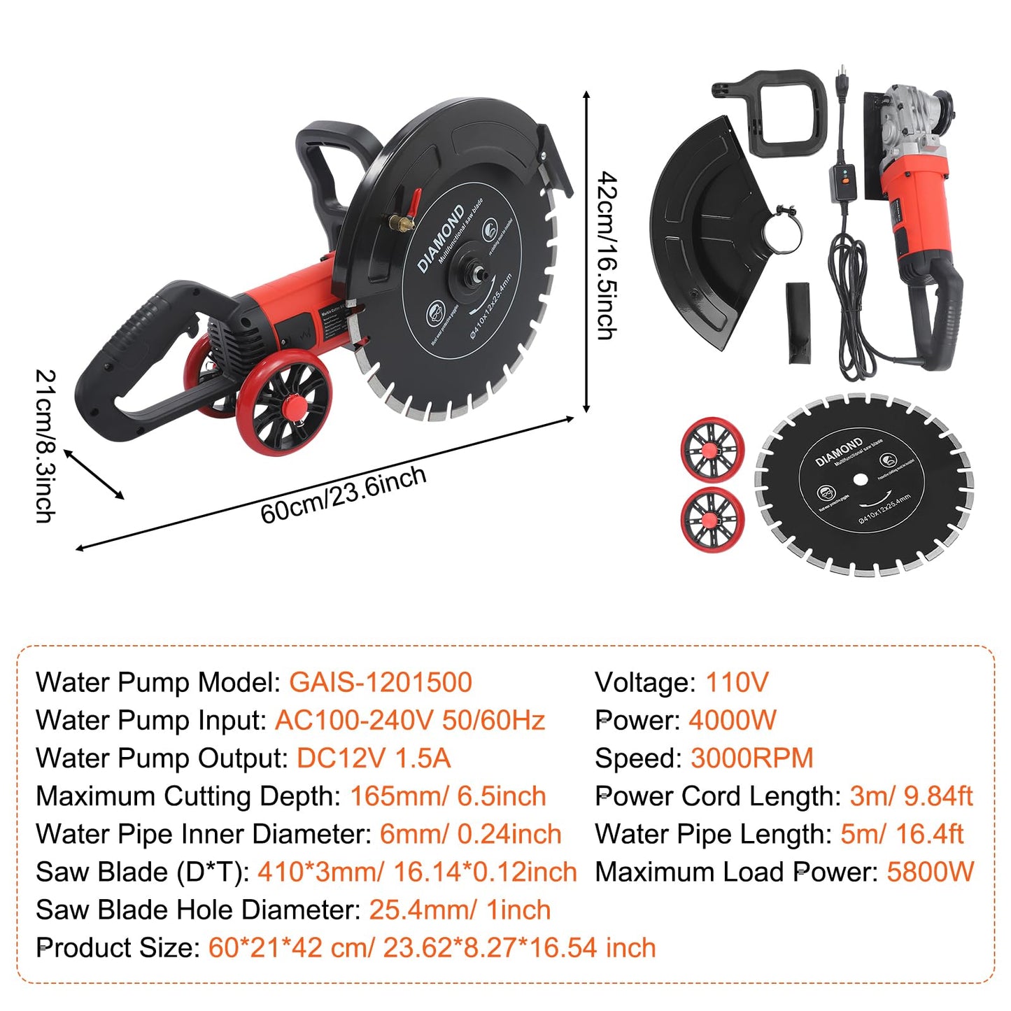 16" Electric Concrete Saw 4000W Wet/Dry Circular Saw with Water Pump and 16.4ft Water Hose Concrete Cutter for Brick Concrete Wall and Granite Max.Cutting Depth: 6.5in