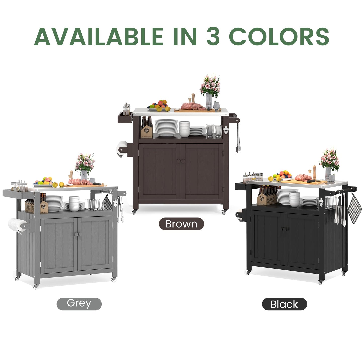 Sunnibety Weatherproof HIPS Outdoor Kitchen Island with Stainless Steel Top & Storage Cabinet, Movable Prep Table with Wheels for BBQ Food Prep, Outdoor Grill Cart for Parties, Brown