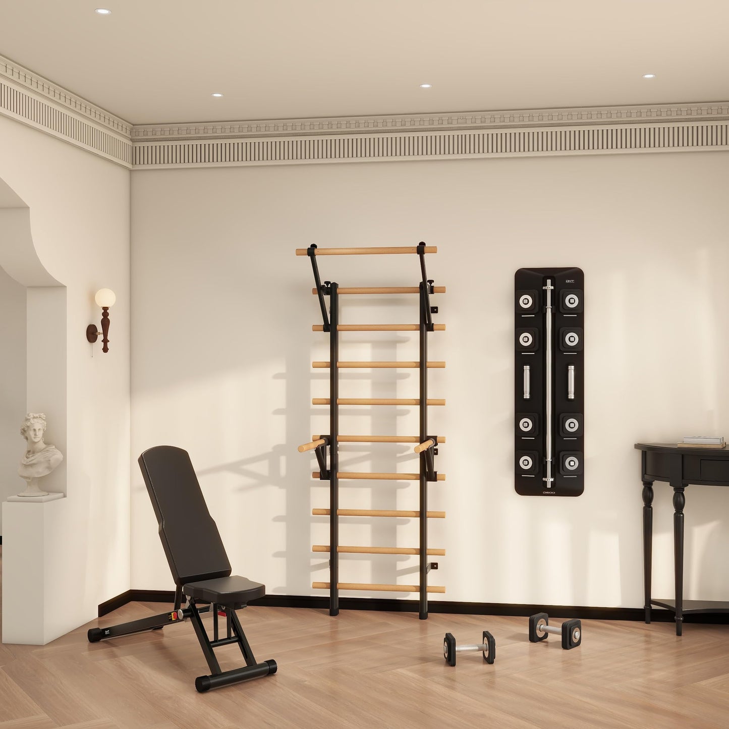 DHT Swedish Ladder, Wall Bars, Stall Bar Suspension Trainer with 9 Strategic Rods, for Fitness Home, Gym, School, Clinics and Gymnastics