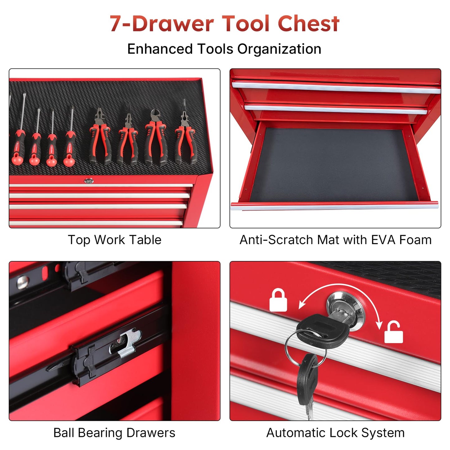 Rovibek 7-Drawer Rolling Tool Chest with Wheels, Lockable Metal Tool Box for Garage Workshop Warehouse, Large Capacity Tool Storage Cabinet, Heavy-Duty Tool Chest with Drawers, Red