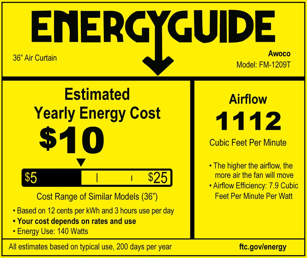 Awoco 36" FM-1209T 1100 CFM Slim Indoor Air Curtain, CE Certified, 120V Unheated with Remote Control and Magnetic Switch, Powerful, Quiet, Small Body, Light Weight