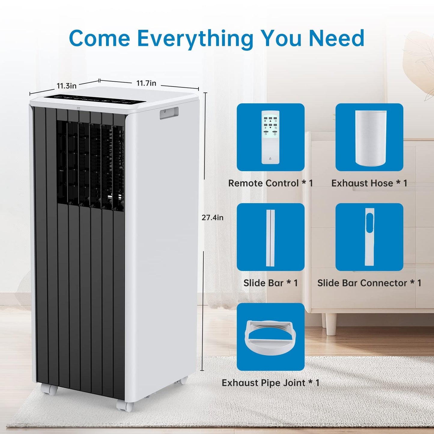 8000 BTU Portable Air Conditioner, Portable AC Unit with Fan & Dehumidifier, Air Conditioner Portable for Rooms Up to 350 Sq Ft, Remote Control, 24H Timer for Bedroom, Office, Apartment, Grey