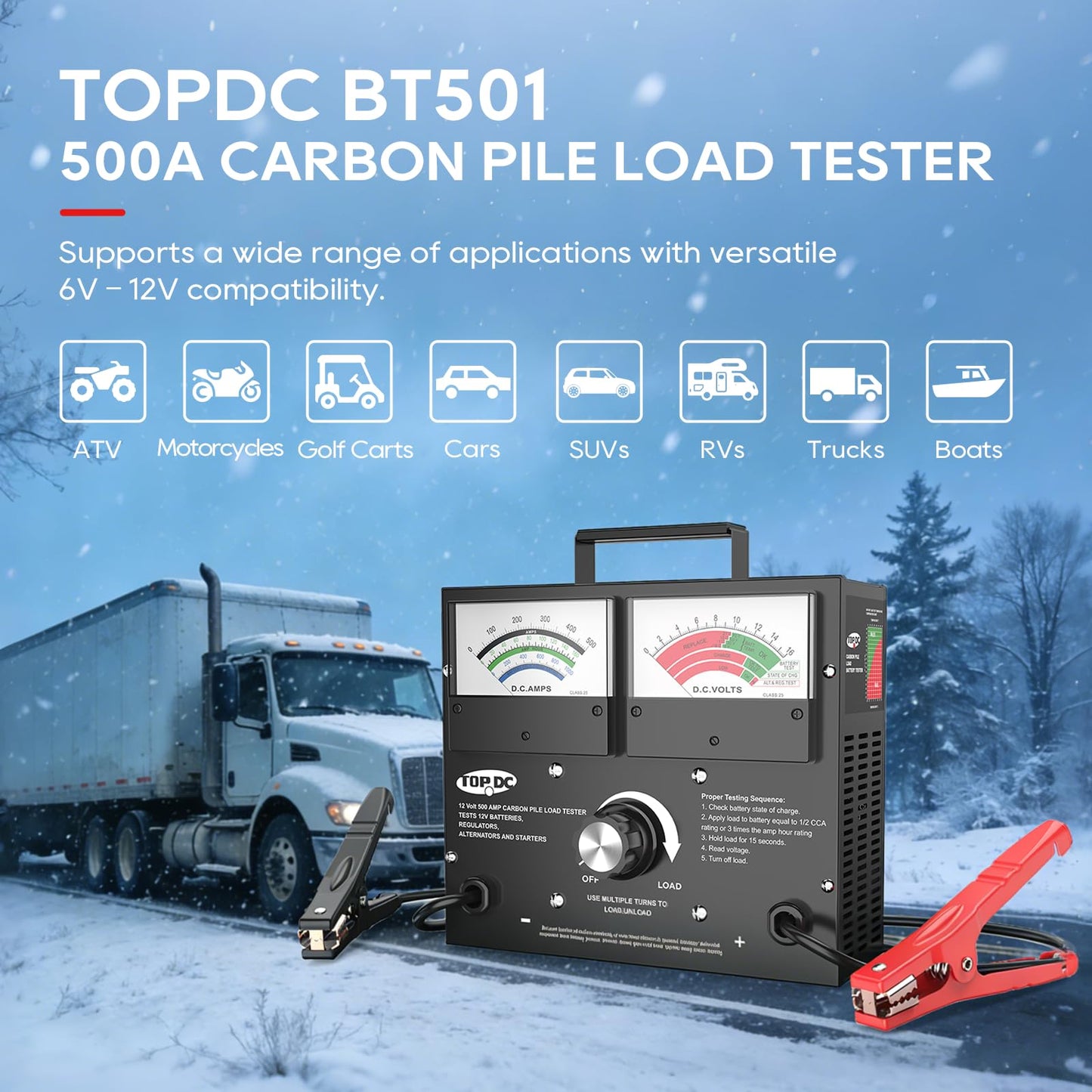 TOPDC Professional 500A Carbon Pile Battery Load Tester, Heavy-Duty 12V Automotive Battery & Alternator Tester for Cars, Trucks, SUVs, up to 1000 CCA
