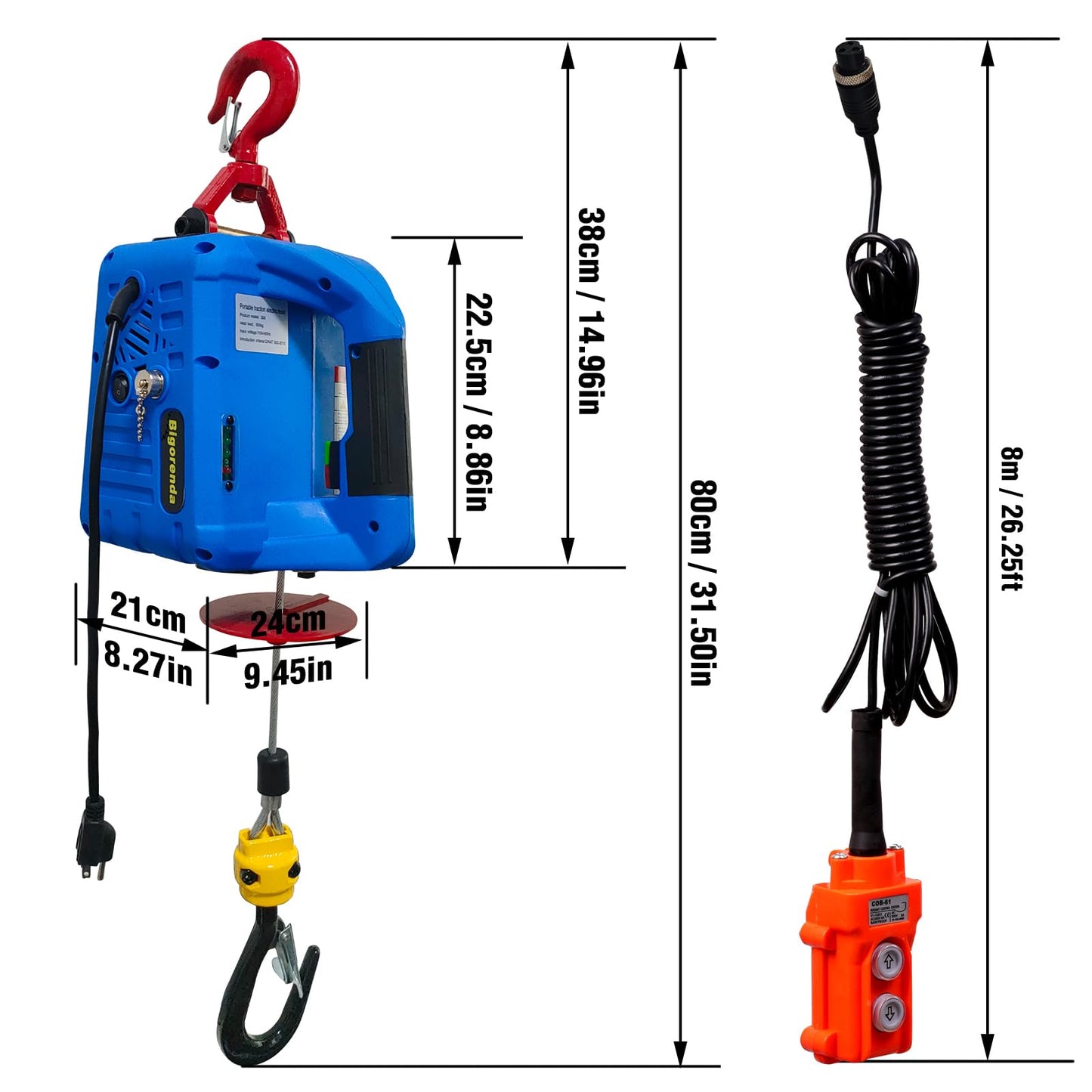 Bigorenda 3-in-1 Electric Hoist Winch,1100lb Capacity, Portable Electric Power Winch with Wire Wireless Remote Control,110V Electric Hoist Crane,26FT Lifting Height,for Warehouse,Garage,Lifting Towing
