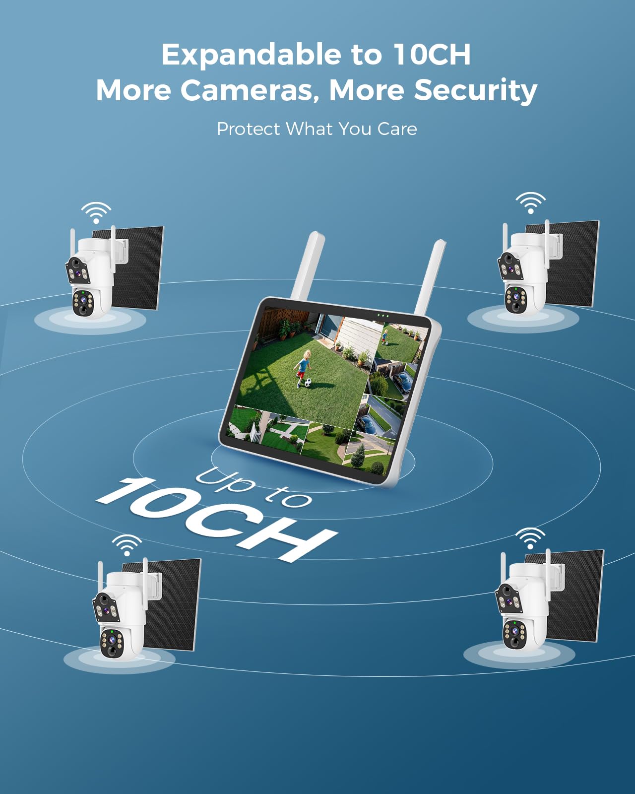 Hiseeu Solar Security Cameras Wireless Outdoor, Auto Tracking Dual-Lens Wireless Cameras for Home Security with 10" Touchscreen, 2.4 & 5GHz WiFi Pro 4 Cam-Kit, 2 Way Audio, 500GB HDD, 0 Monthly Fee