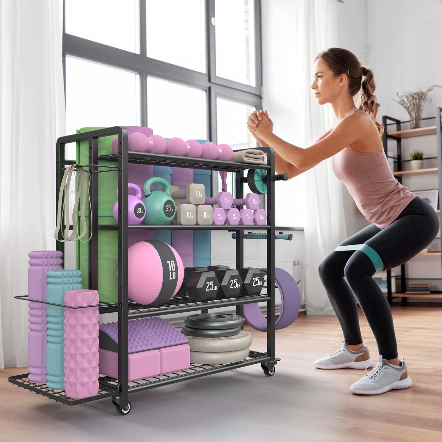4-Tier Dumbbell Rack Stand Only, Adjustable Weight Rack for Dumbbells Kettlebells Yoga Mat, Home Gym Storage Rack with Wheels and Hooks, Powder Coated Finish (Large)