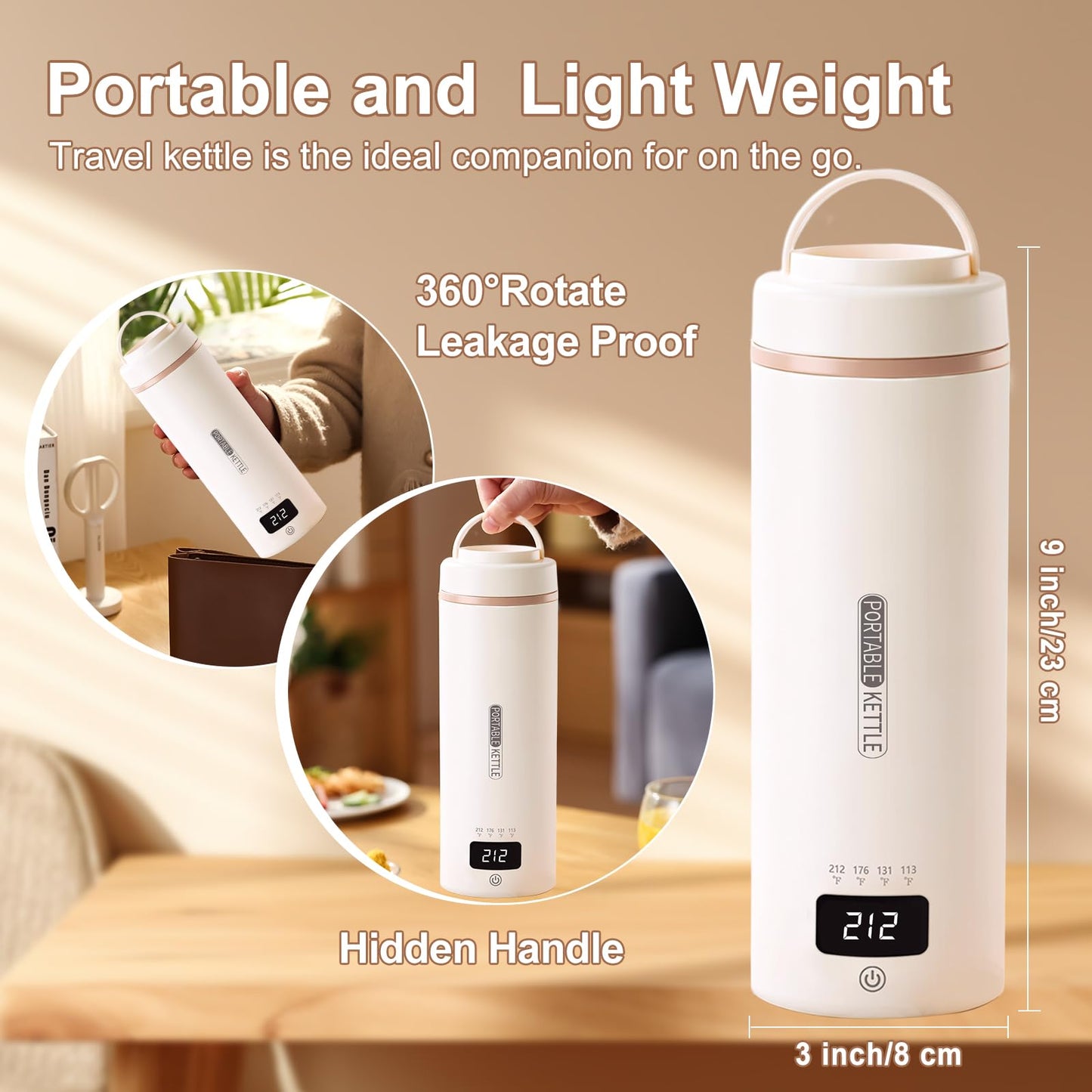 Portable Travel Electric Kettle | 4 Adjustable Temperature | Small Compact Water Boiler for Tea, Coffee | 304 Stainless Steel | Automatic Shut-off | 16oz
