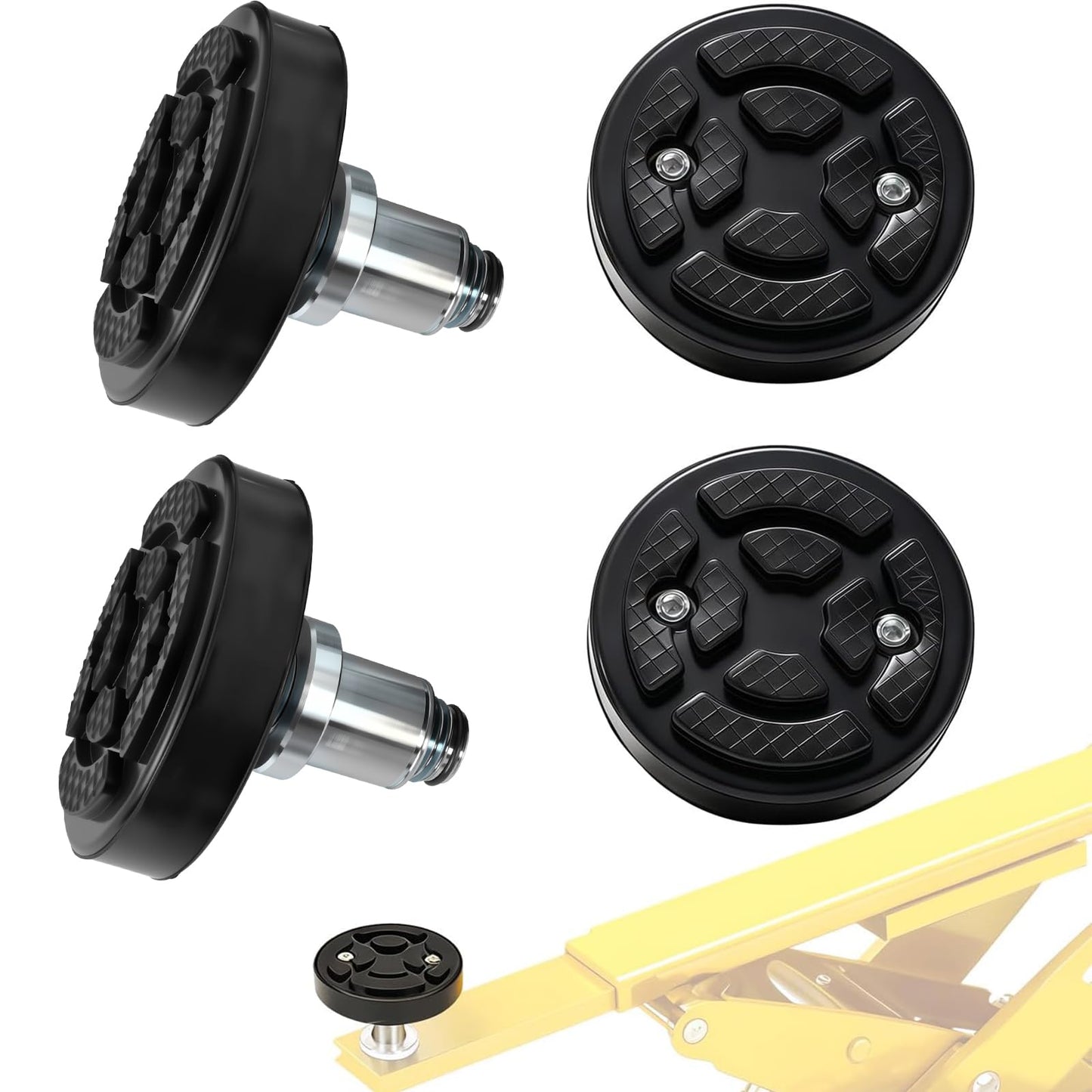 4-Pack 50mm Shaft Diameter Car Lift Round Tray Rubber Pads, Heavy-Duty Screw-Up Heightening Feet Plus High Leg Extension Pads for 2-Post Lifts, Adjustable Support Tray Set