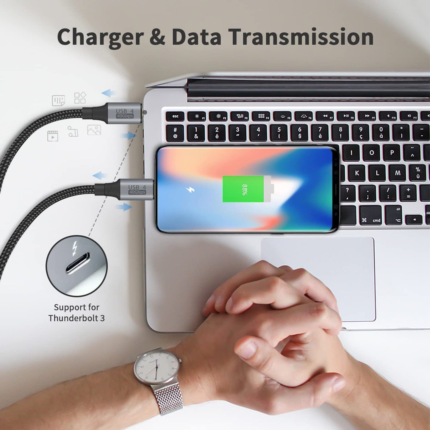 40Gbps 1.6FT/50cm, 100W 8K@60Hz 15, Duttek Short USB C to USB C Cable, Supports PD, Video, Nylon Braided, for iPhone