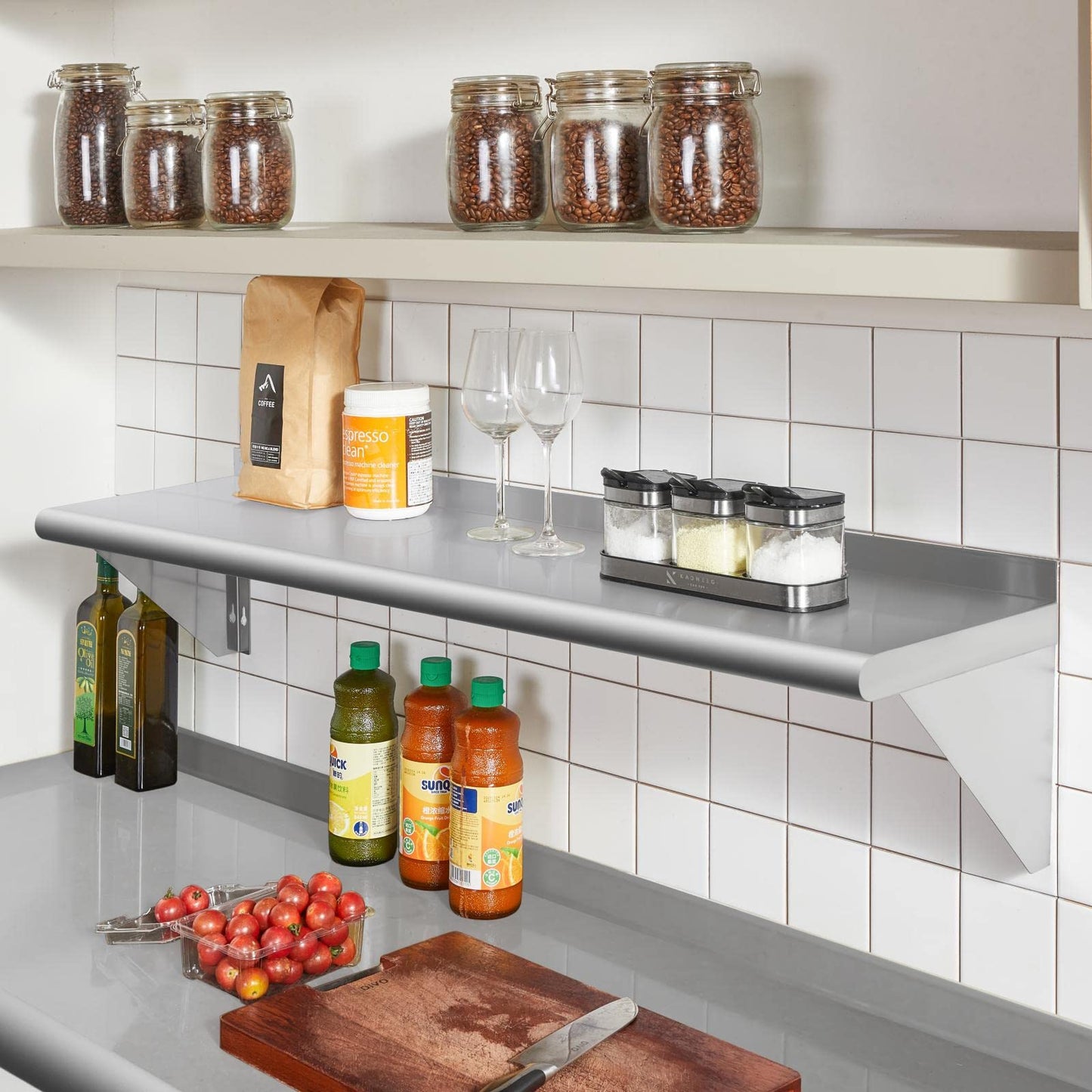 Profeeshaw NSF Stainless Steel Shelf 14” x 72”, 450 lb Commercial Shelves Wall Mounted Metal Shelving with Backsplash and 2 Brackets for Restaurant, Bar, Utility Room, Kitchen and Garage