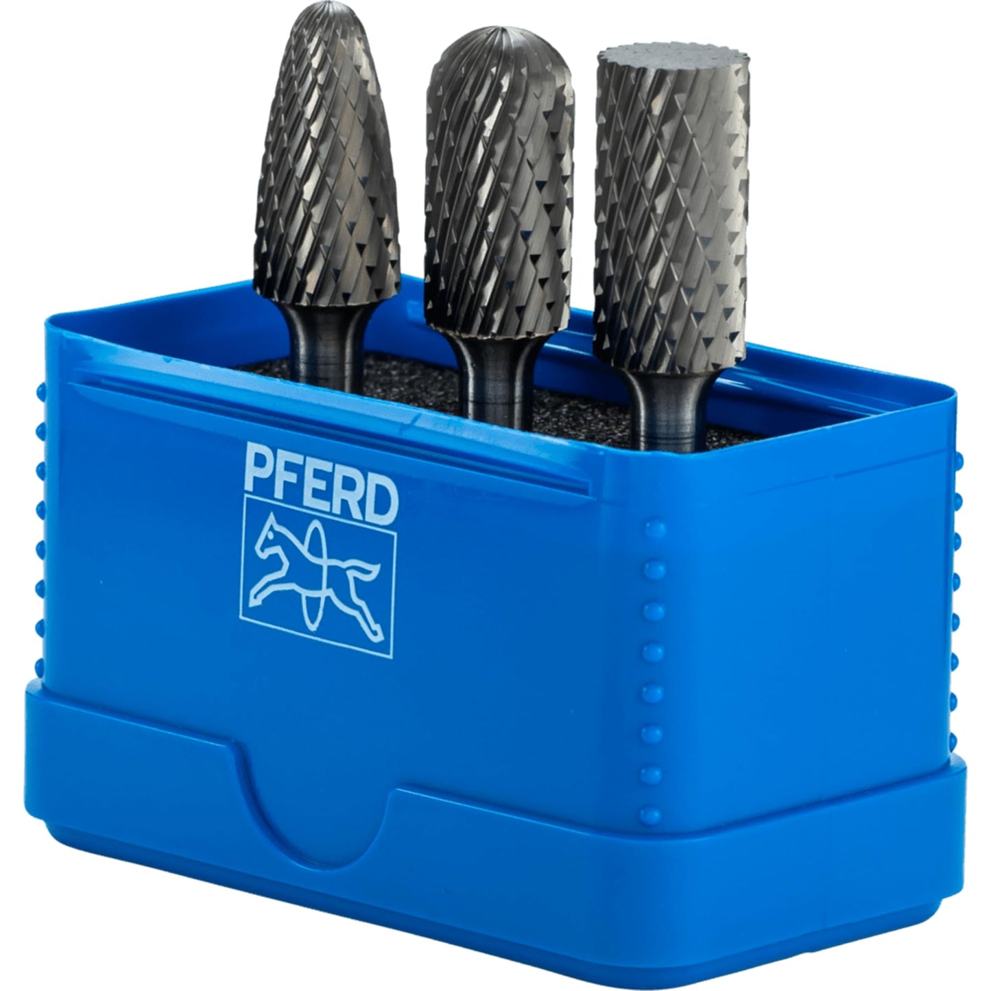PFERD 3-Piece Carbide Bur Set, Double Cut, 1/4" Shank, Tungsten Carbide Rotary Burrs, for Metal Grinding & Deburring, Includes Plastic Case – Part 26548