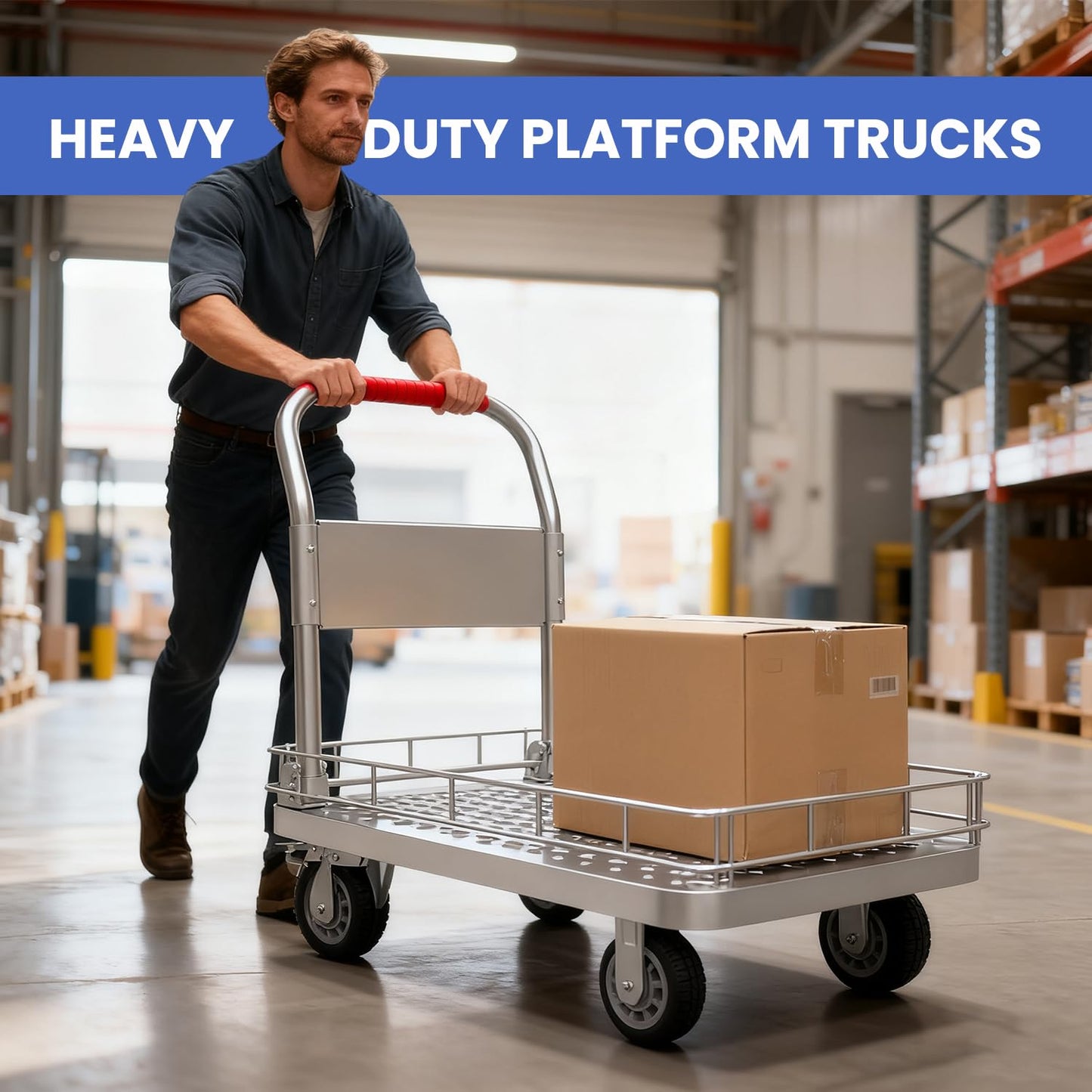 Heavy Duty Platform Truck with 6-Inch Brake Silent Wheels, Foldable Push Cart with Detachable Steel Wire Fence, Flat Hand Trucks for Gardens, Warehouses, Workshops (35.4 * 23.6 * 33.9in)