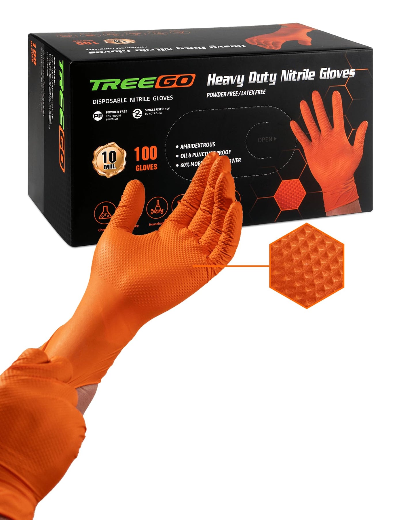 TREEGO Orange Nitrile Gloves 10 Mil Heavy Duty Disposable Latex Free Gloves – Diamond Grip Mechanic Gloves for Automotive Construction Work, Medium, 1000 Count Case