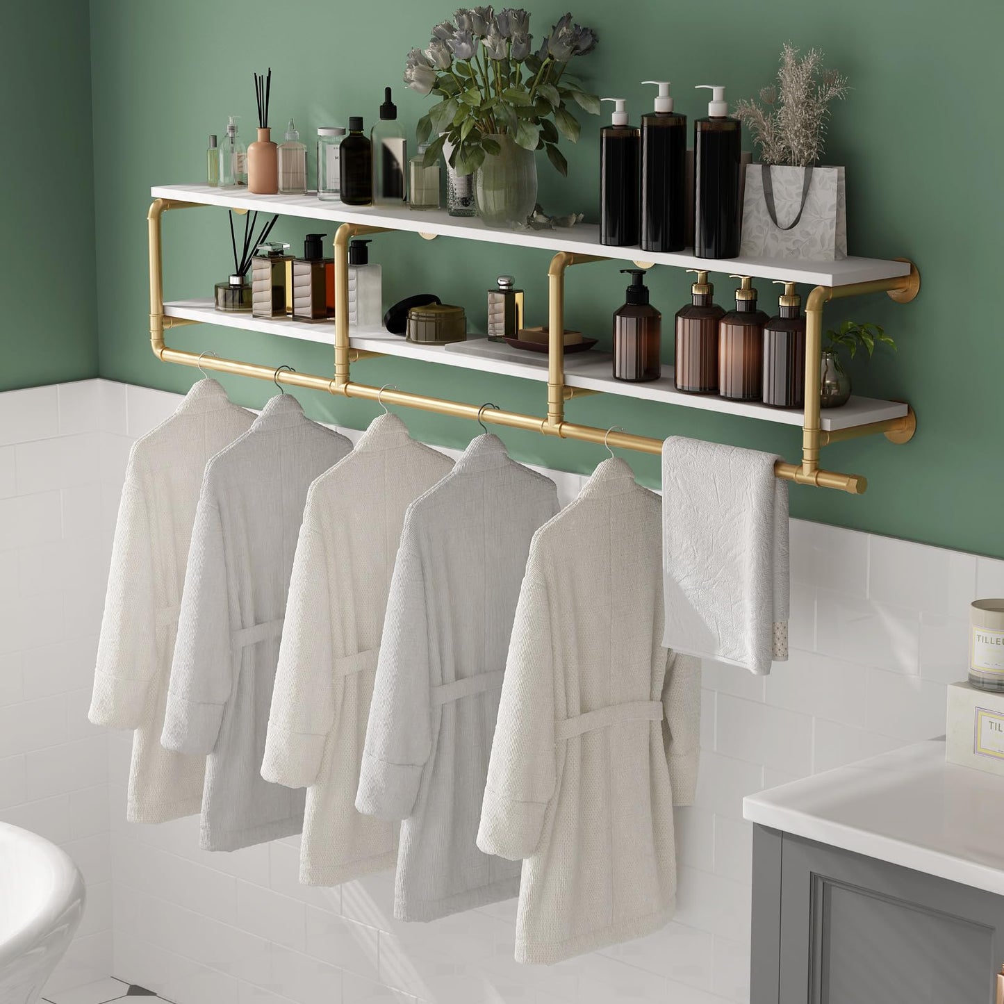 ORSENIGO Industrial Pipe Clothing Rack with Shelves, Gold Wall Mounted Clothes Rack for Home Retail