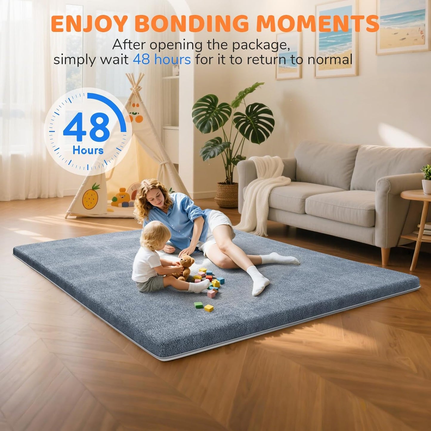 Omzer Baby Play Mat - 1.3" Thick Foam Tummy Time Mat | 65x50 Inch Non-Slip Crawling Pad - Grey Coral Velvet