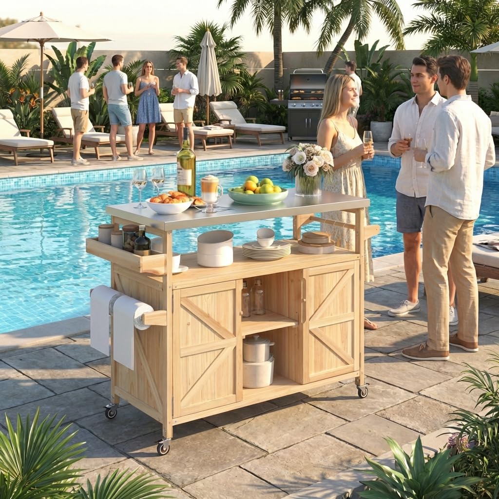 Waully 50.25" Outdoor Kitchen Island with Wheels for Food Prep, Strage, Bar, Rolling Outdoor Grill Table for Outside, Outside Cooking Table, Grill Carts, Cooking Station, Modular, Solid Wood, Natural