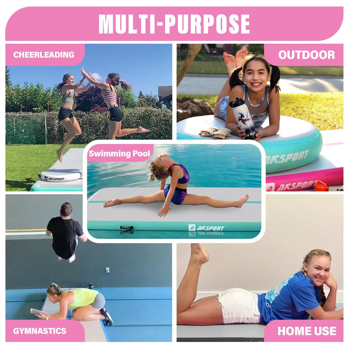 AKSPORT Inflatable Gymnatsics Mat Tumble Track 10ft 13ft 16ft 20ft 23ft Air Tumbling Mat with Air Pump for Home Use/Training/Cheerleading/Yoga
