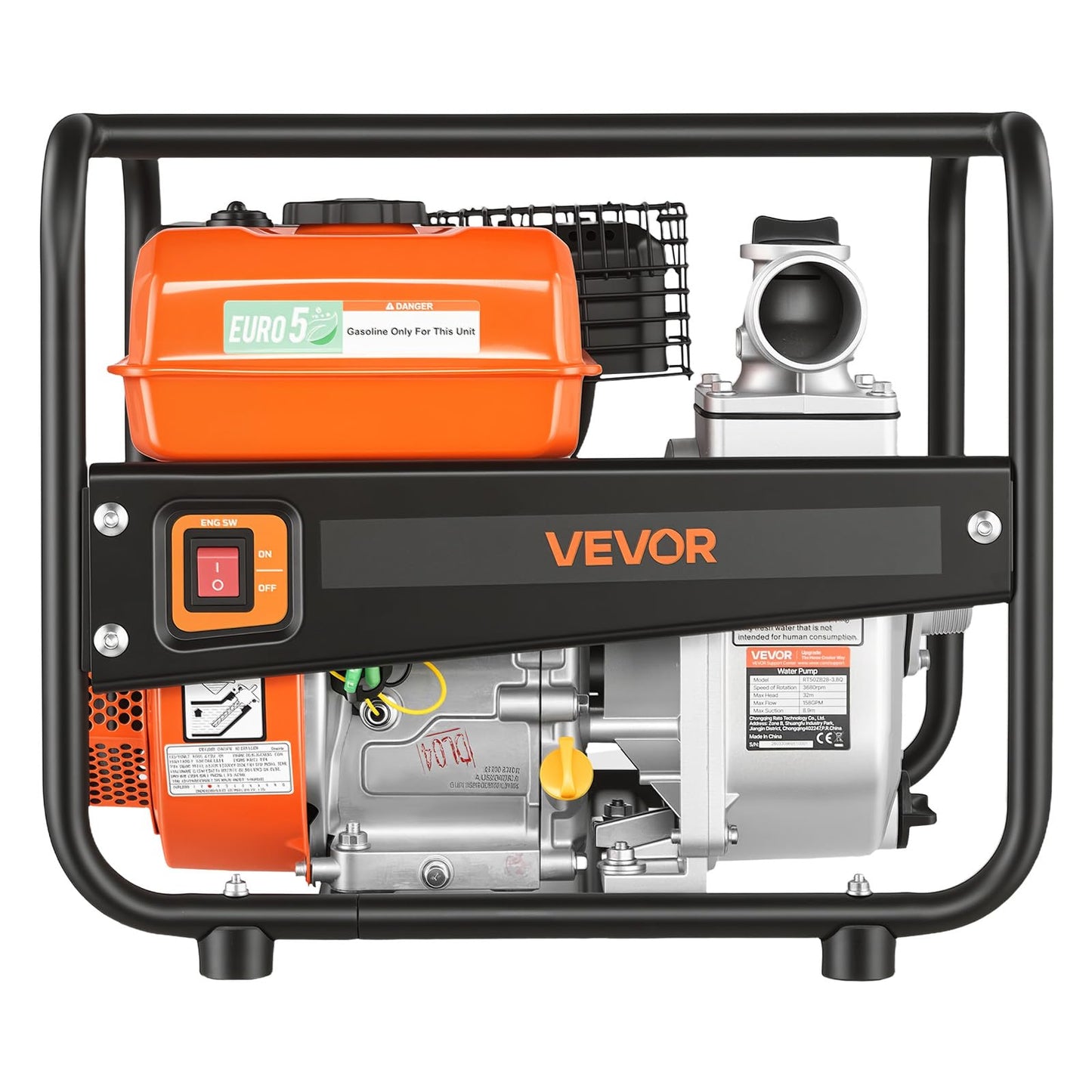 VEVOR Gas Powered Water Pump, 2 in, 158 GPM 7HP Semi Trash Water Transfer Pump Portable, Gasoline Engine with 25 ft Discharge Hose, Heavy Duty Frame, Cast Iron Impeller, for Irrigation, Ponds, Pools