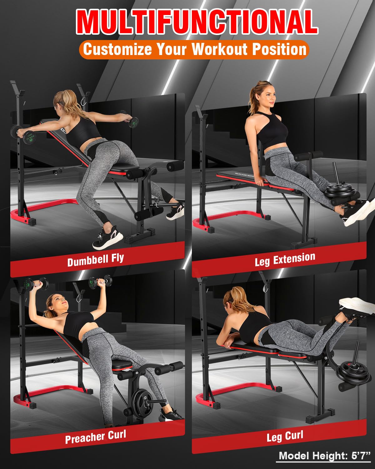 OPPSDECOR 6 in 1 Weight Bench Set with Leg Extension and Leg Curl, 660 LBS Adjustable Bench Press Set with Preacher Curl Pad, Foldable Workout Bench for Home Gym, Strength Training for Teens/Adults (Maroon)