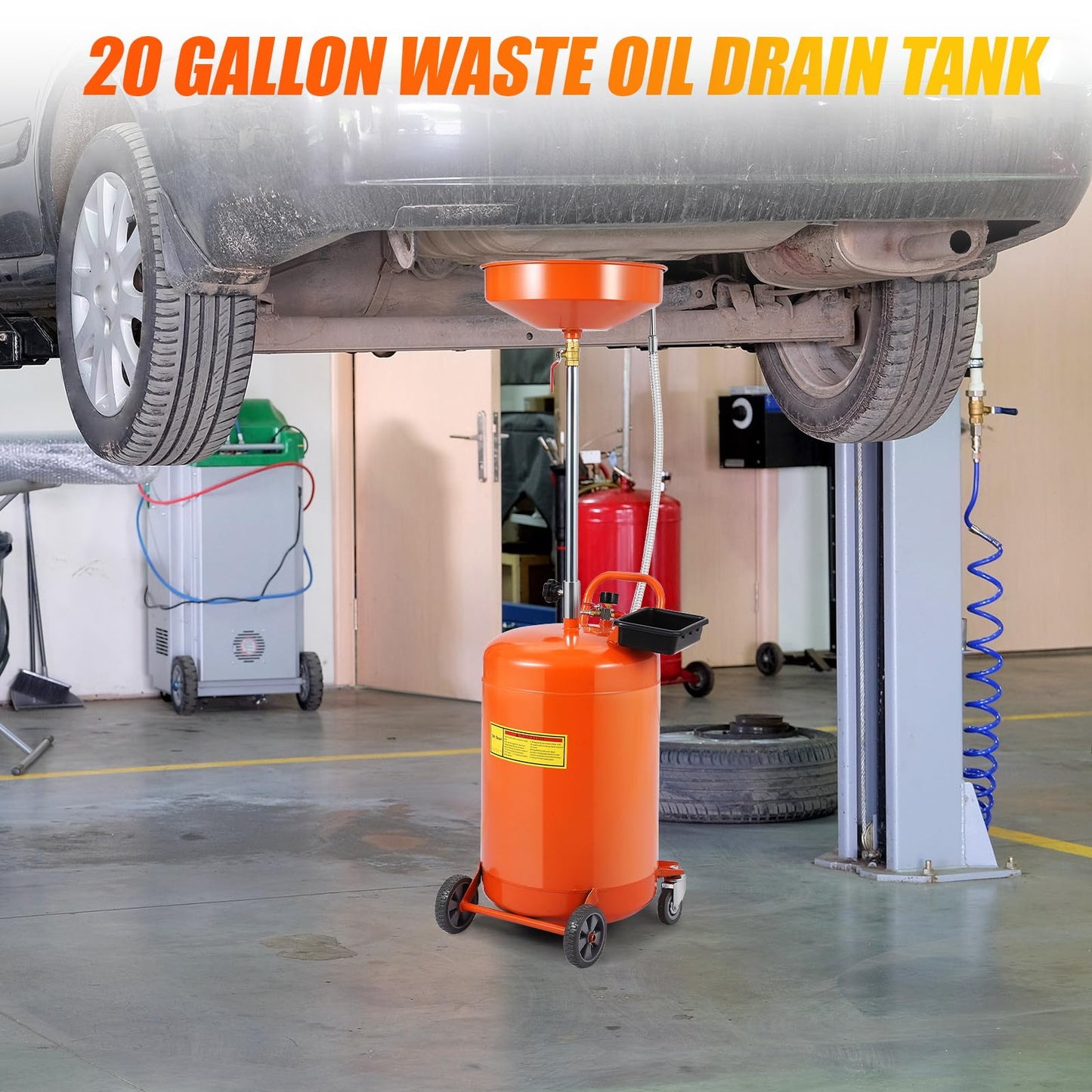 20 Gallon Waste Oil Drain Tank, Portable Air Operated Drainer With Adjustable Funnel Height 38"-65", Portable Oil Drain Container,15" Funnel Fluid Fuel Transfer Drainage With 360° Wheels & Toolbox