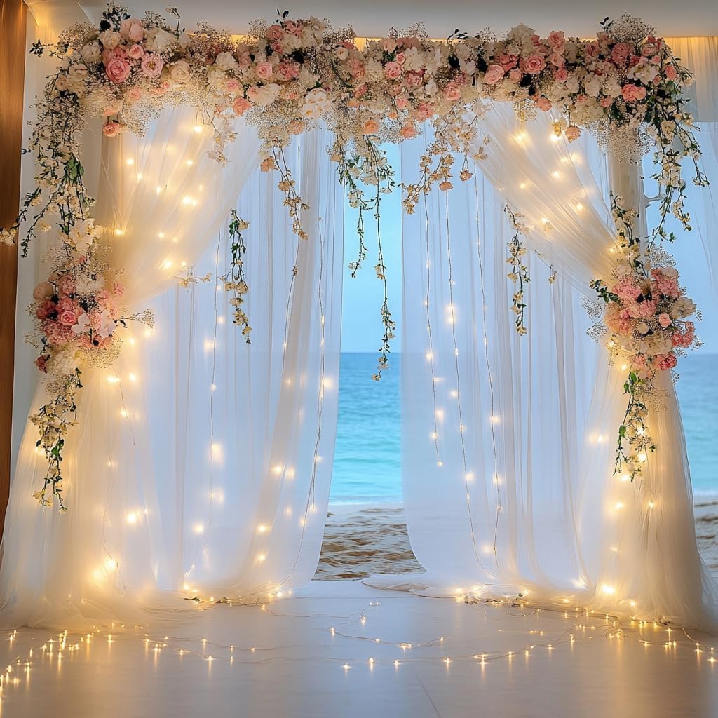 10FT 10FT (2 5x10FT) Tulle Backdrop Curtain with Lights String X White Sheer Tulle Backdrop Curtains for Wedding