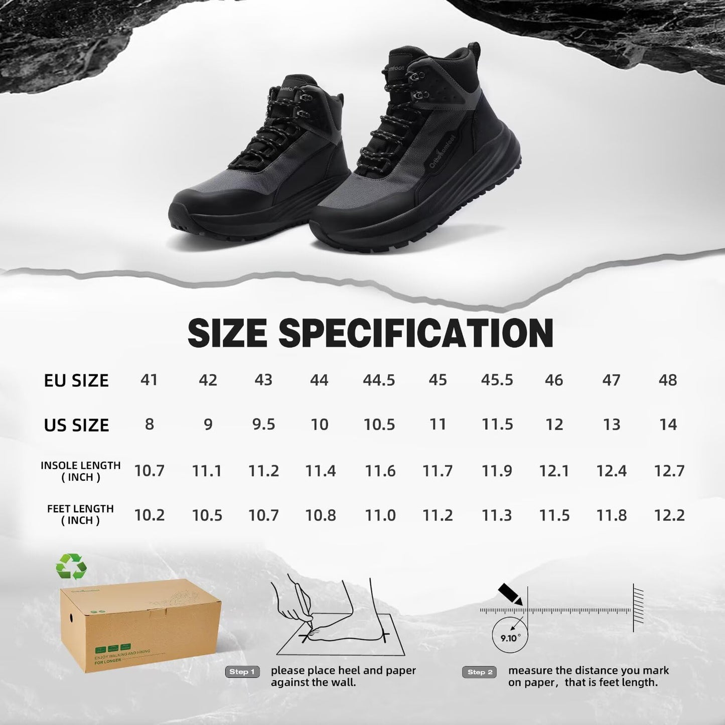 Men's Orthopedic Wide Hiking Boots: Comfortable Plantar Fasciitis Orthotic Arch Support Bunions Recovery Trail Sneakers, Leisure Gowalk Diabetic Stylish Standing Walking Shoes Black Size 11