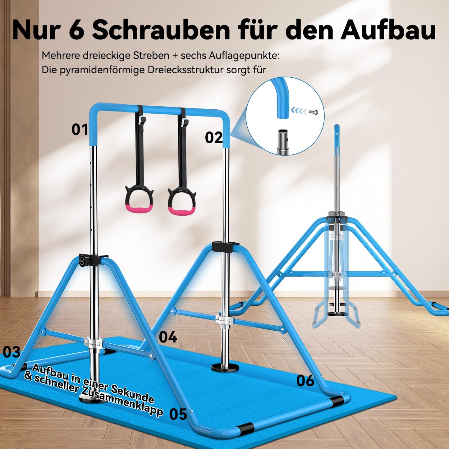 WATBKHE Gymnastics Bar for Kids Adjustable & Foldable Training Kip Bar with Rings, Sturdy Horizontal Bar for Boys & Girls, Expandable Gymnastics Equipment for Home Practice Blue